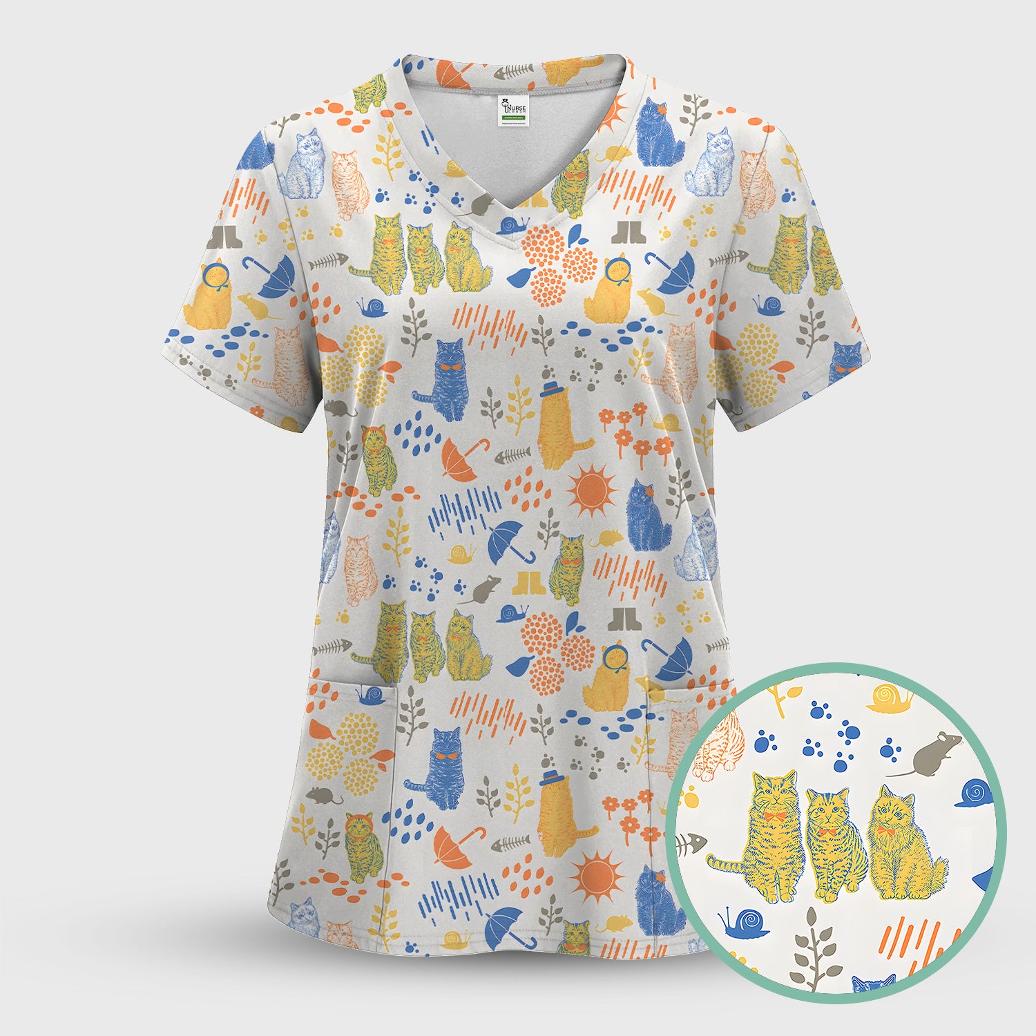 Cozy Rainy Day Cat Lover Nature Nurse Pattern Scrub Top, Comfortable Scrubs for Nurses