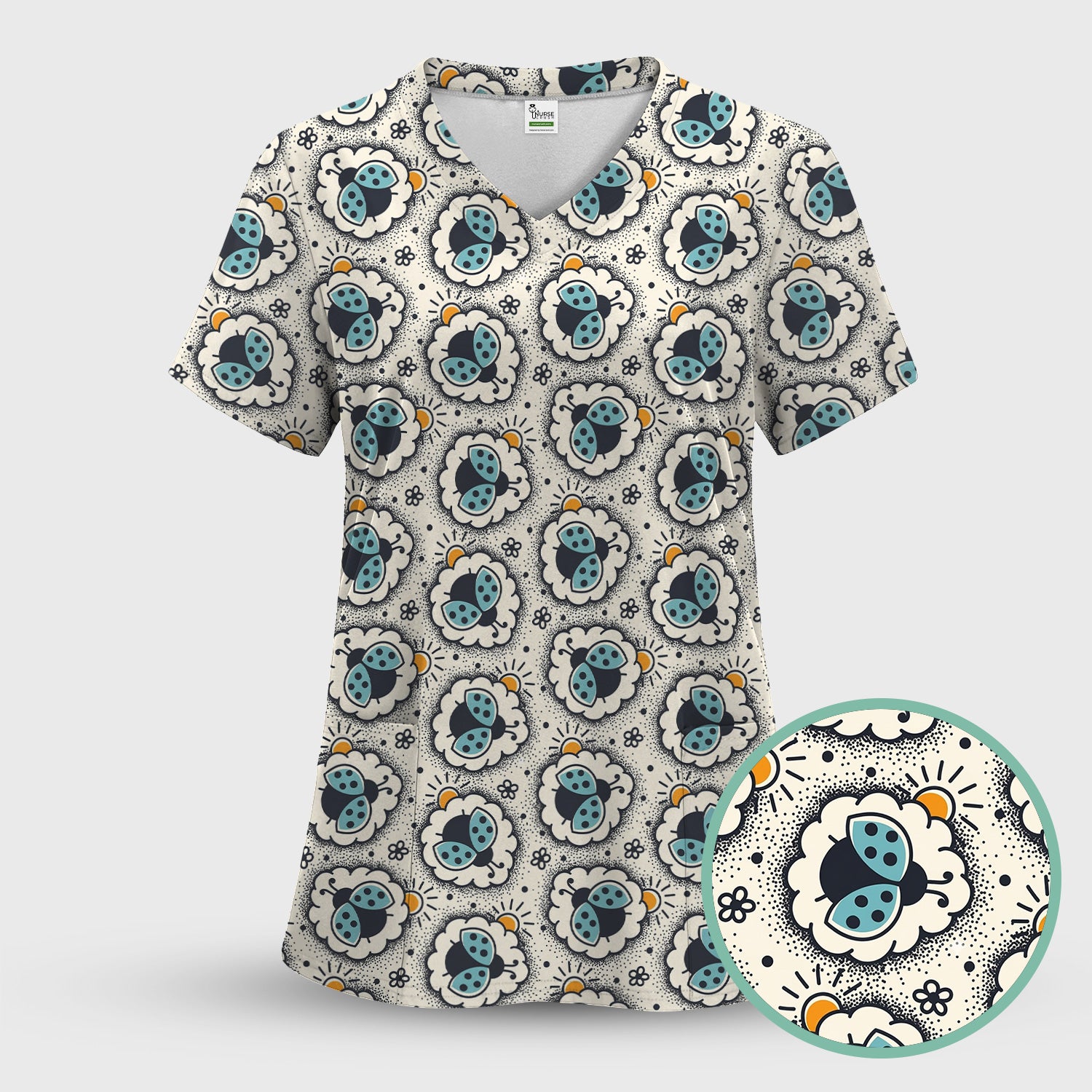 Cute Ladybug in Floral Frame Pattern Scrub Top, Breathable Fabrics Nursing Uniform