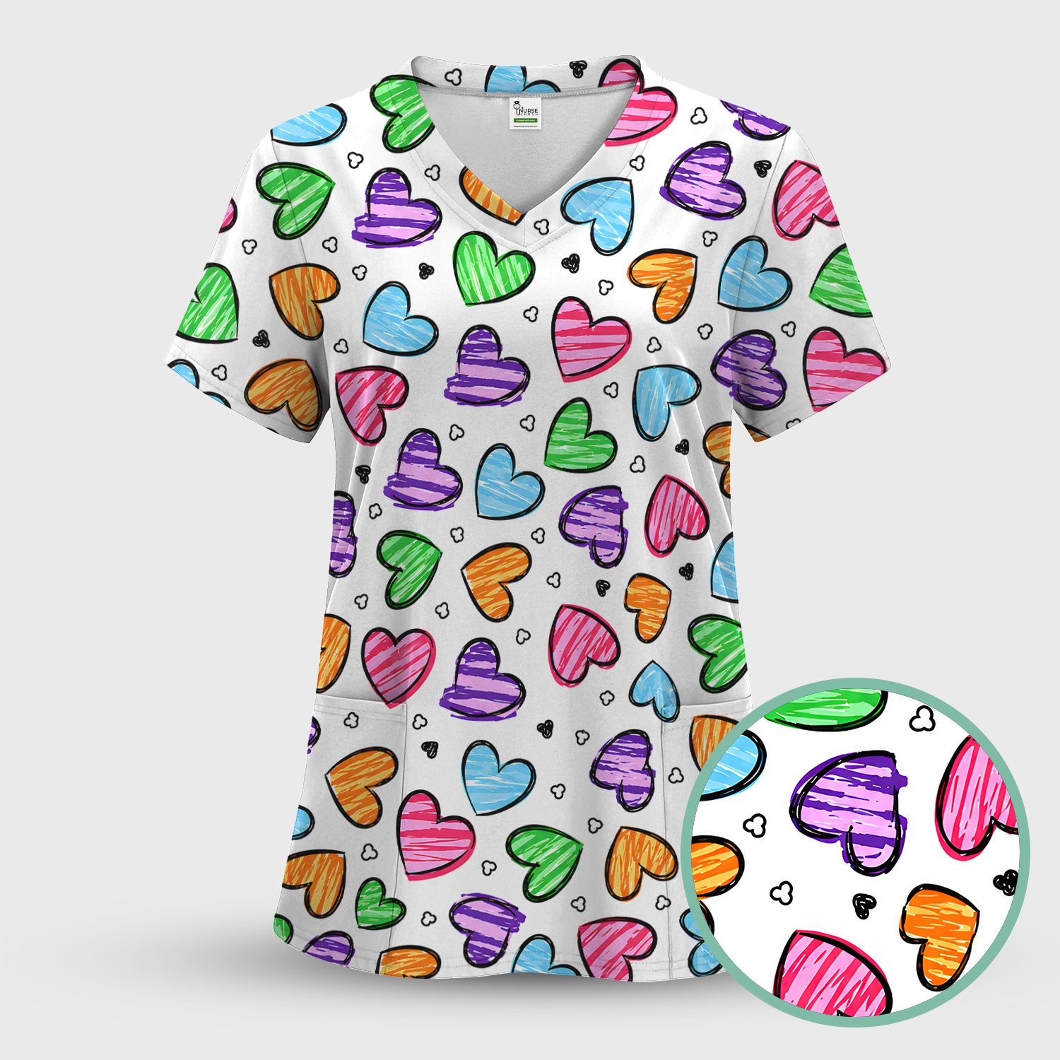 Colorful Doodle Heart Pattern Scrub Top, Comfortable Scrubs for Nurses