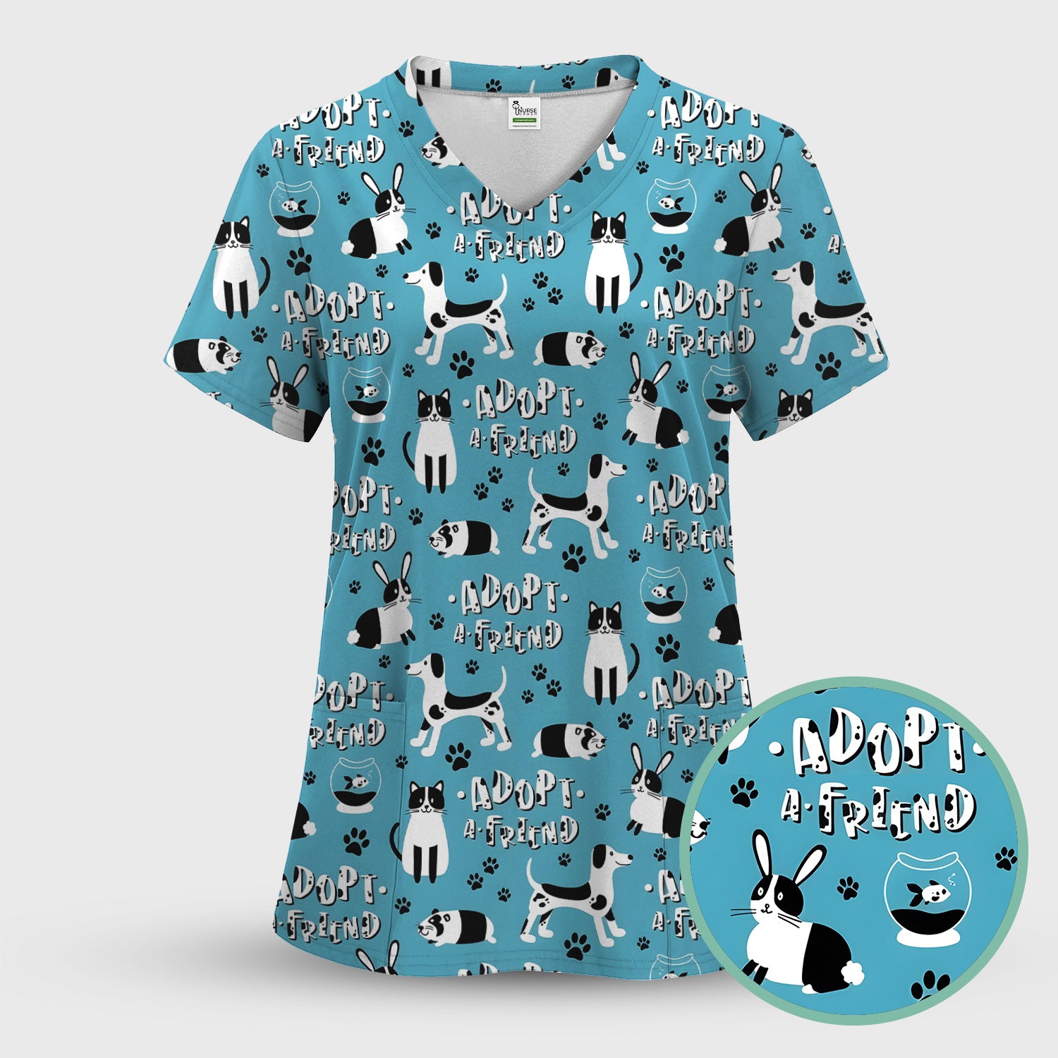 Cute Adopt A Friend Pet Pattern Scrub Set, Scrub Pants and V Neck Top