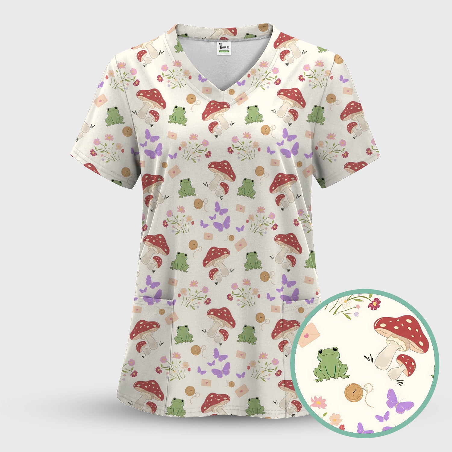Adorable Nurse Frog and Mushroom Garden Print Scrub Set, Scrub Pants and V Neck Top