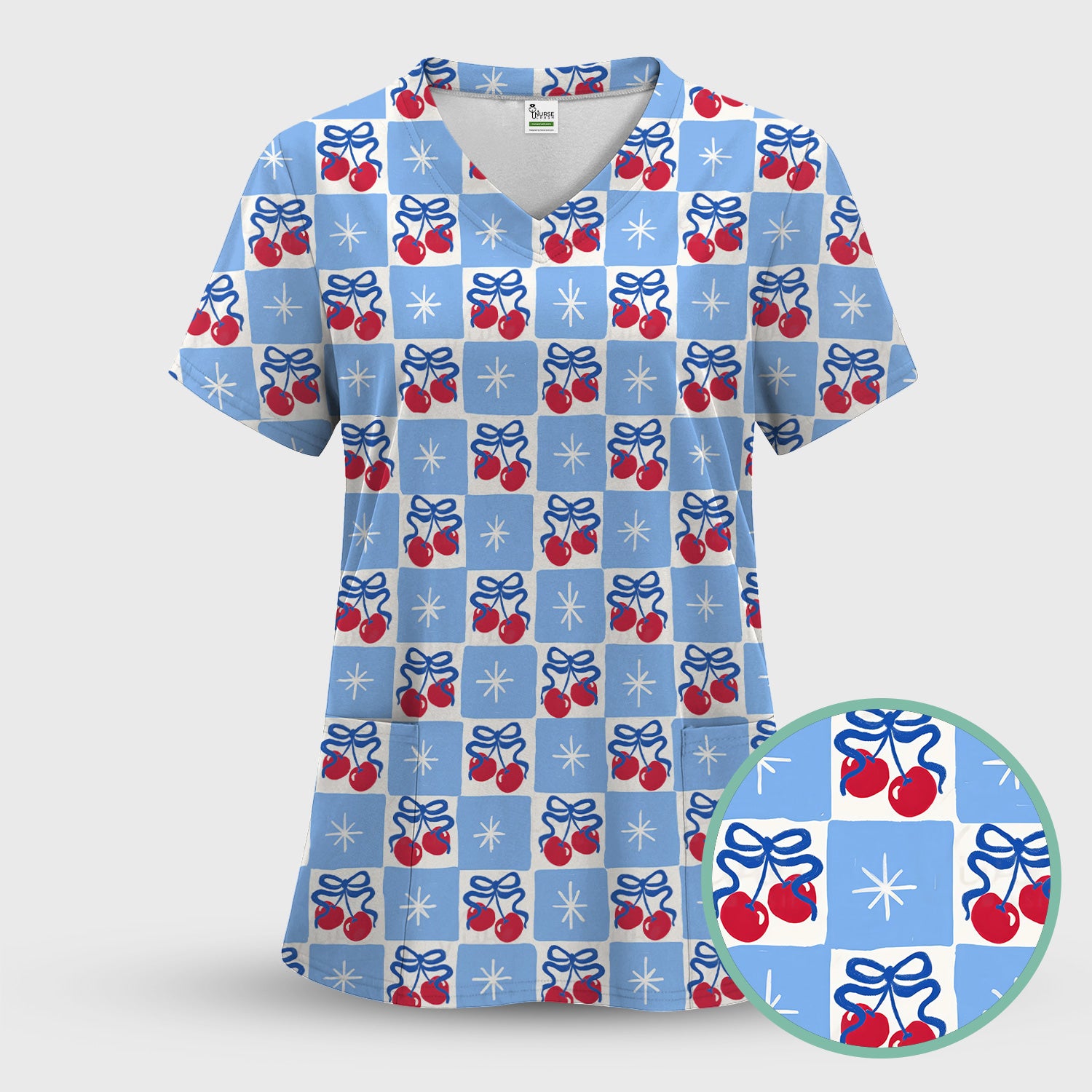 Cute Cherry Bow With Blue Gingham Check Pattern Scrub Set, Scrub Pants and V Neck Top