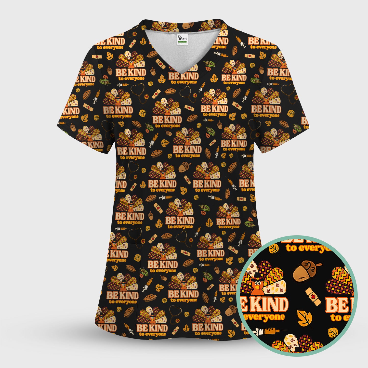 Thanksgiving Be Kind Scrub Top – Fall Nurse Shirt with Heart and Leaf Pattern – Cute Autumn Medical Uniform for Healthcare Staff
