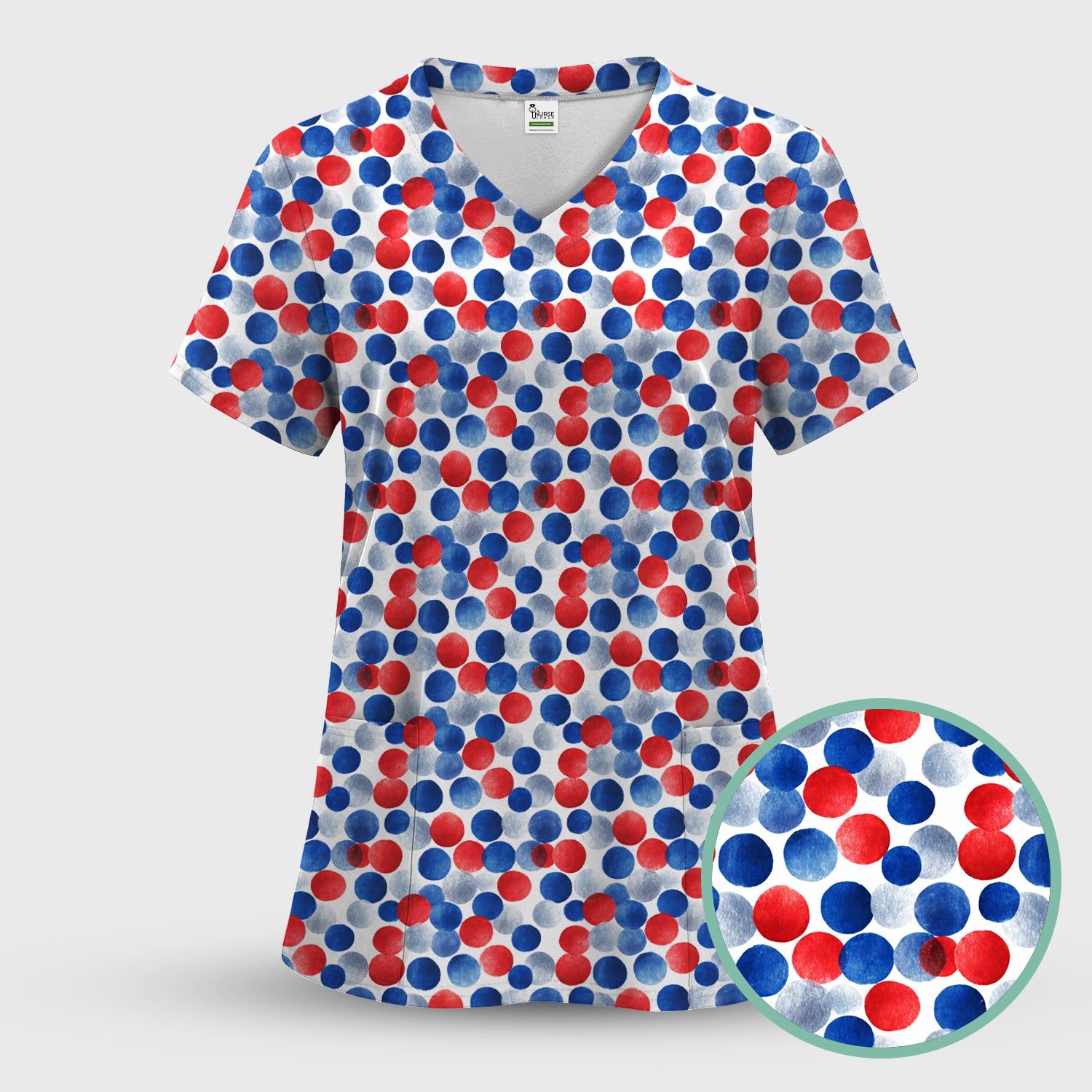 4th of July Patriotic Polka Dot Pattern Scrub Set, Scrub Pants and V Neck Top