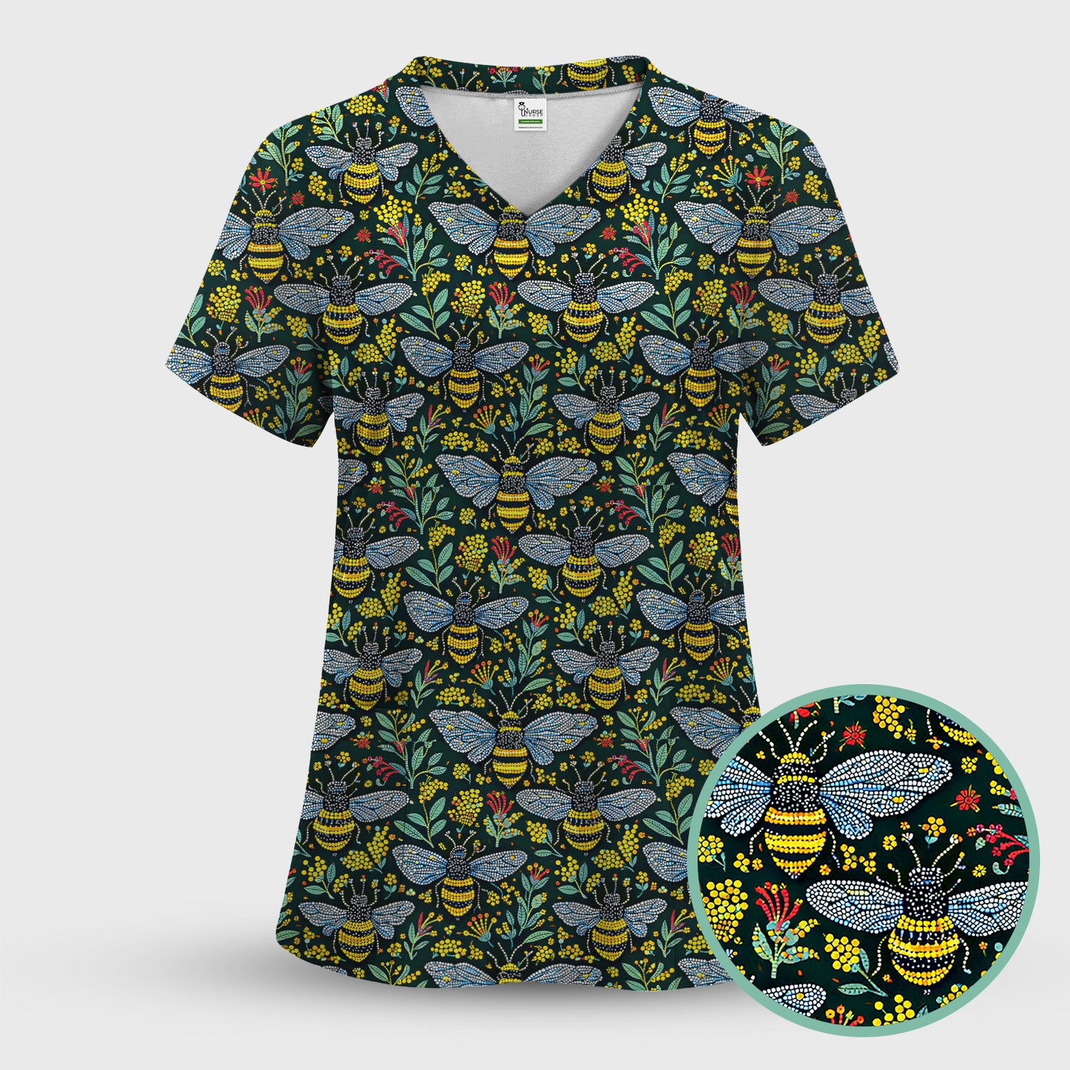 Honey Bee And Wildflower Garden Pattern Scrub Set, Scrub Pants and V Neck Top