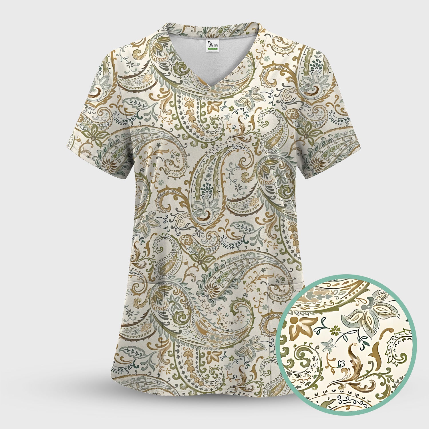Elegant Sage Green Vintage Paisley Floral Vine Pattern Scrub Set, Scrub Pants and V Neck Top