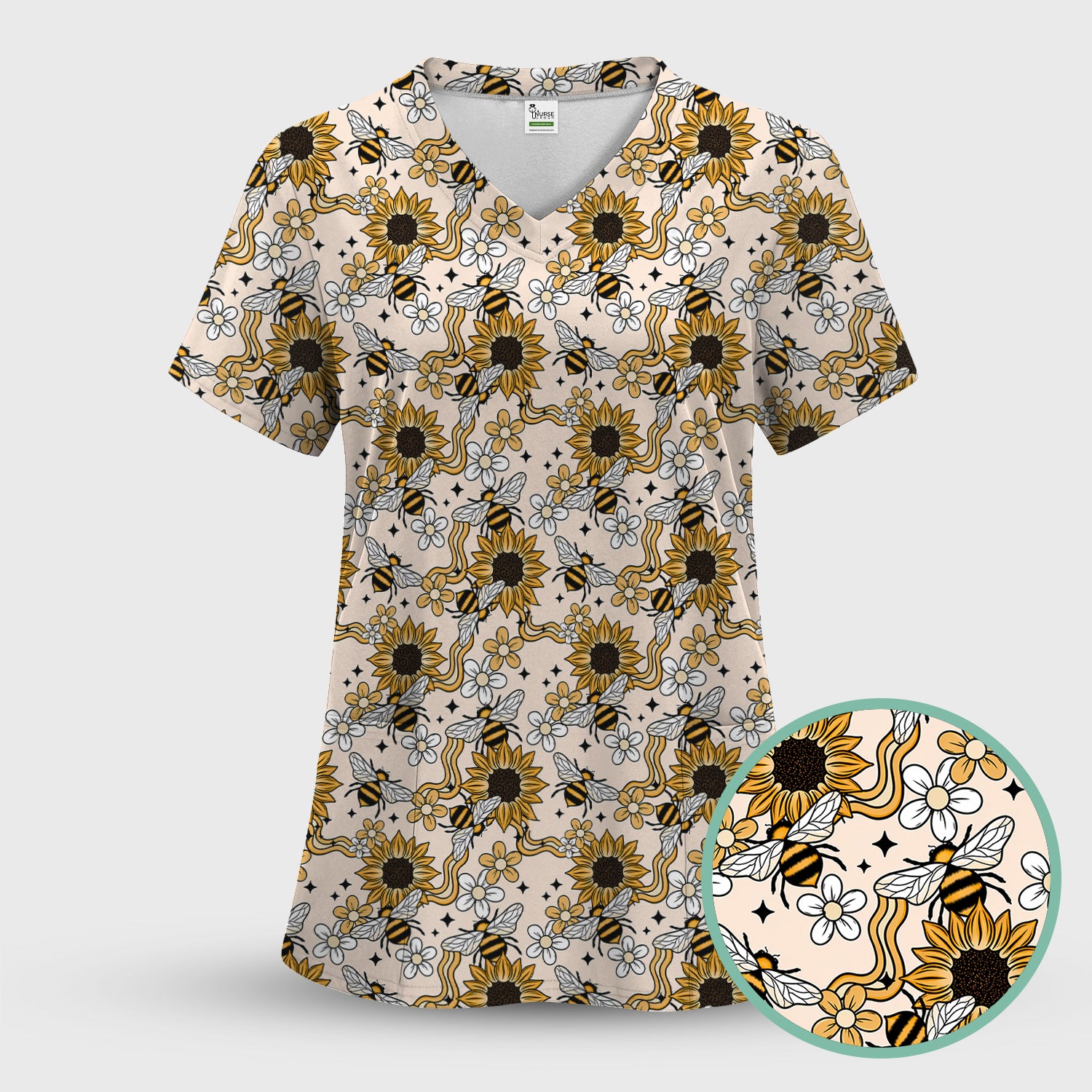 Sunflower And Honey Bee Floral Scrub Set, Scrub Pants and V Neck Top