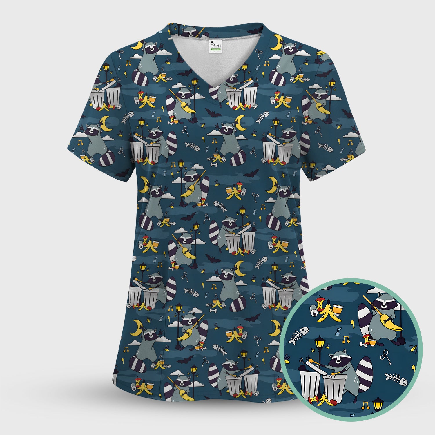 Raccoon Night Trash And Banana Peel Scrub Set, Scrub Pants and V Neck Top