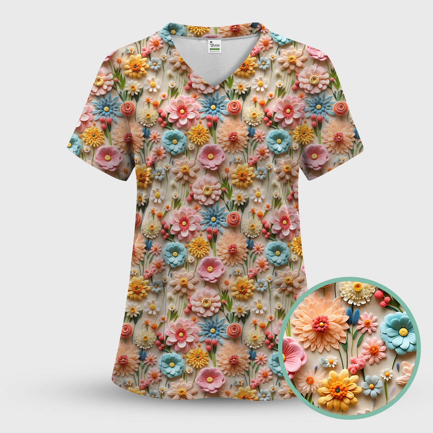 Colorful Blooming Wildflower Pattern Scrub Set, Scrub Pants and V Neck Top