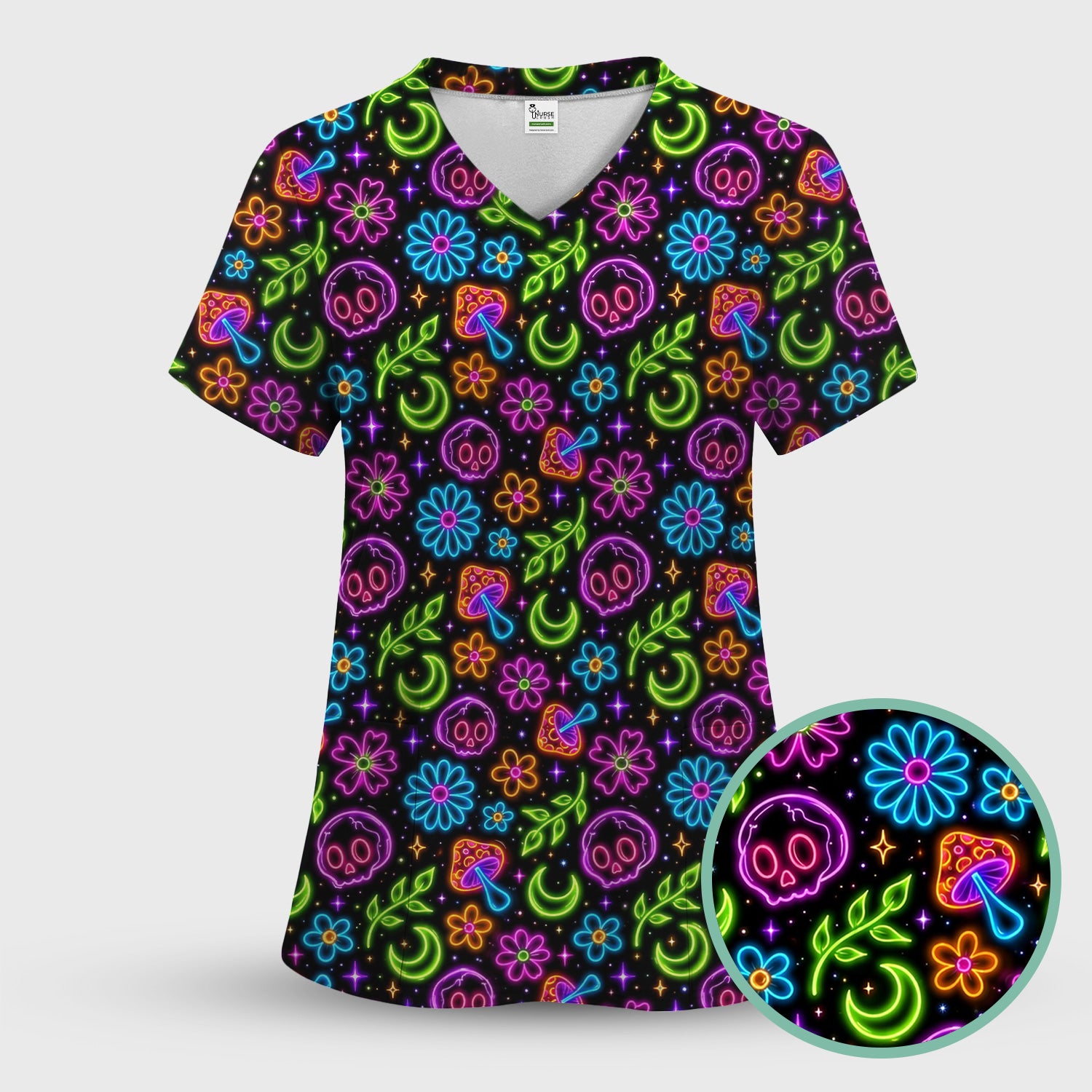 Neon Skull Mushroom Floral Scrub Top, Colorful Gothic Nurse Scrubs Uniform