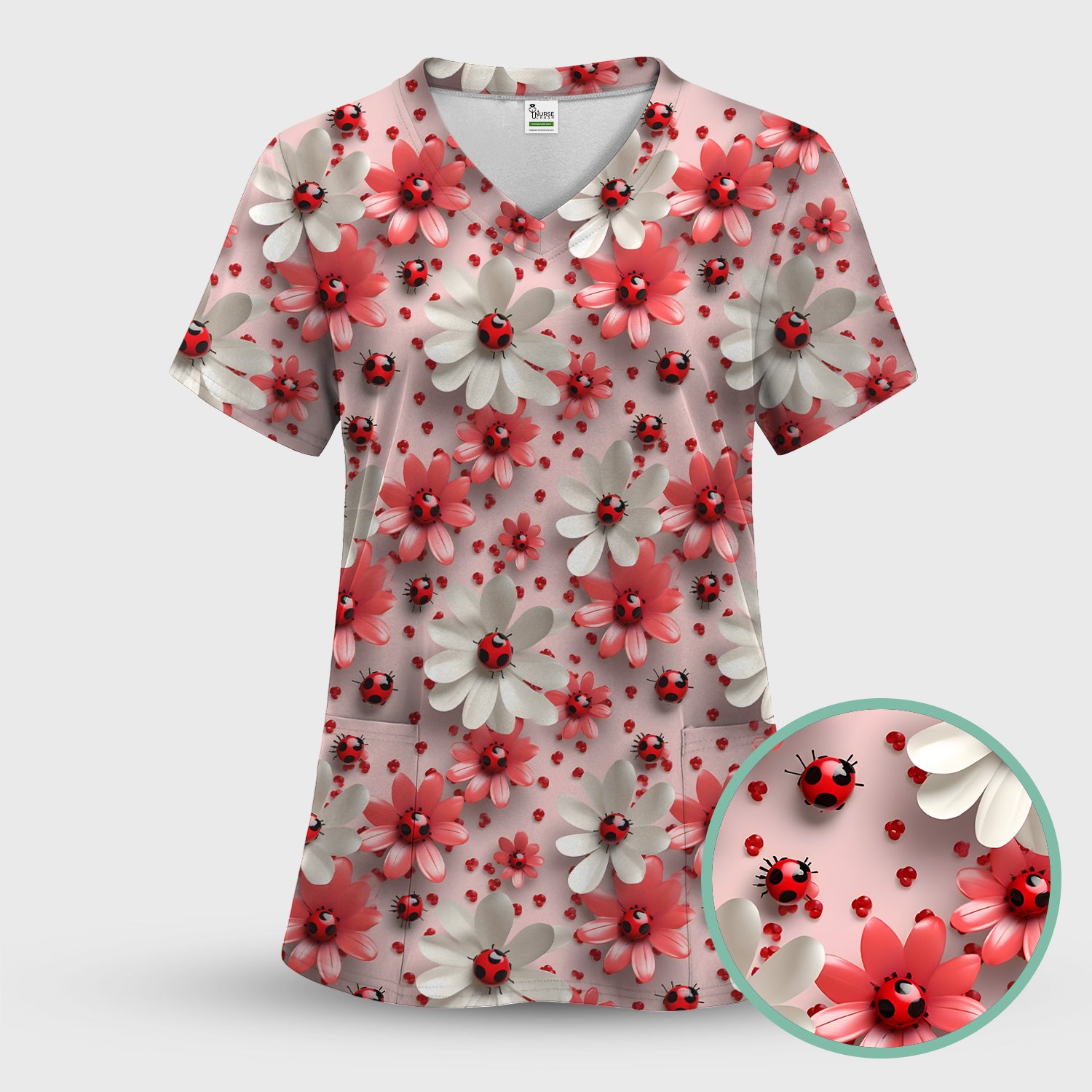 Red Ladybug Flower Pattern Scrub Top, Cute Spring Floral Nursing Uniform for Women