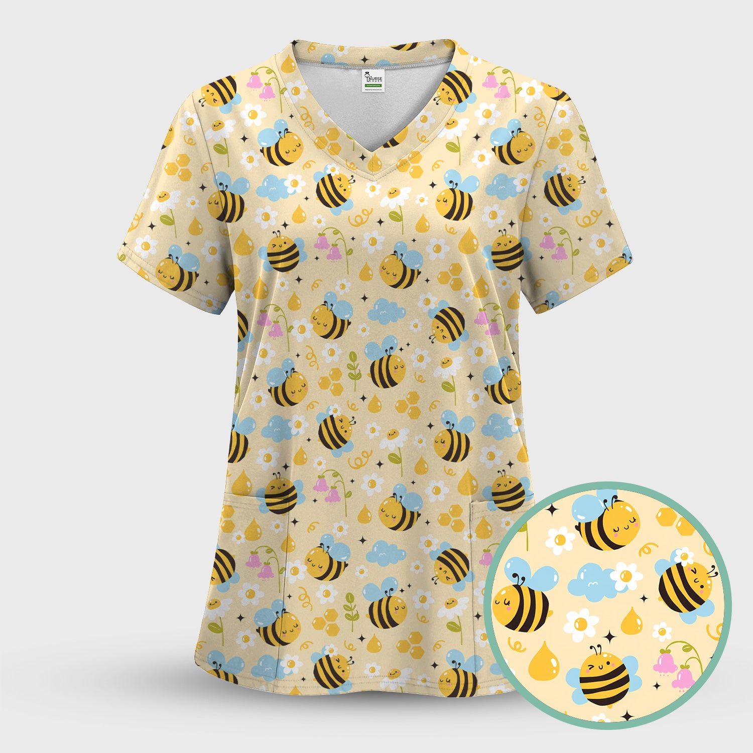 Honey Bee Flower Cloud Pattern Scrub Set, Scrub Pants and V Neck Top