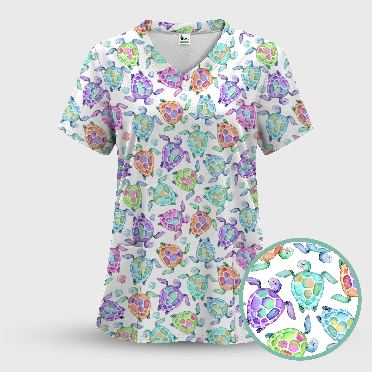 Colorful Sea Turtle Shell Pattern Scrub Set, Scrub Pants and V Neck Top