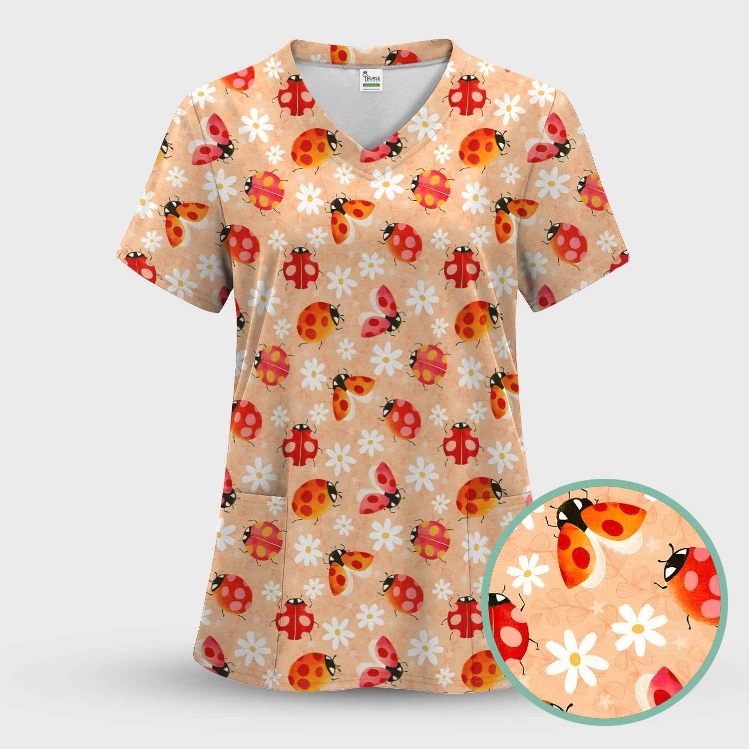 Ladybug Daisy Floral Pattern Scrub Top, Comfortable Scrubs for Nurses