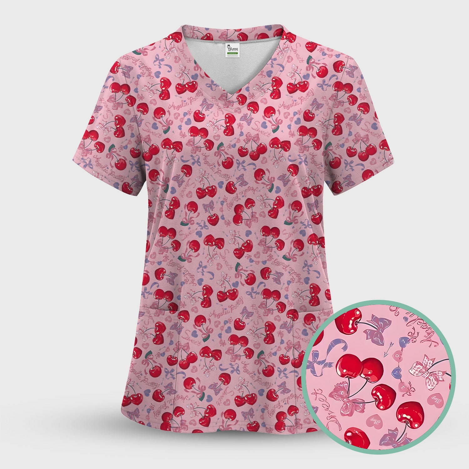 Cherry Blossom Scrub Top, Sweet Pink Nursing Uniform For Women