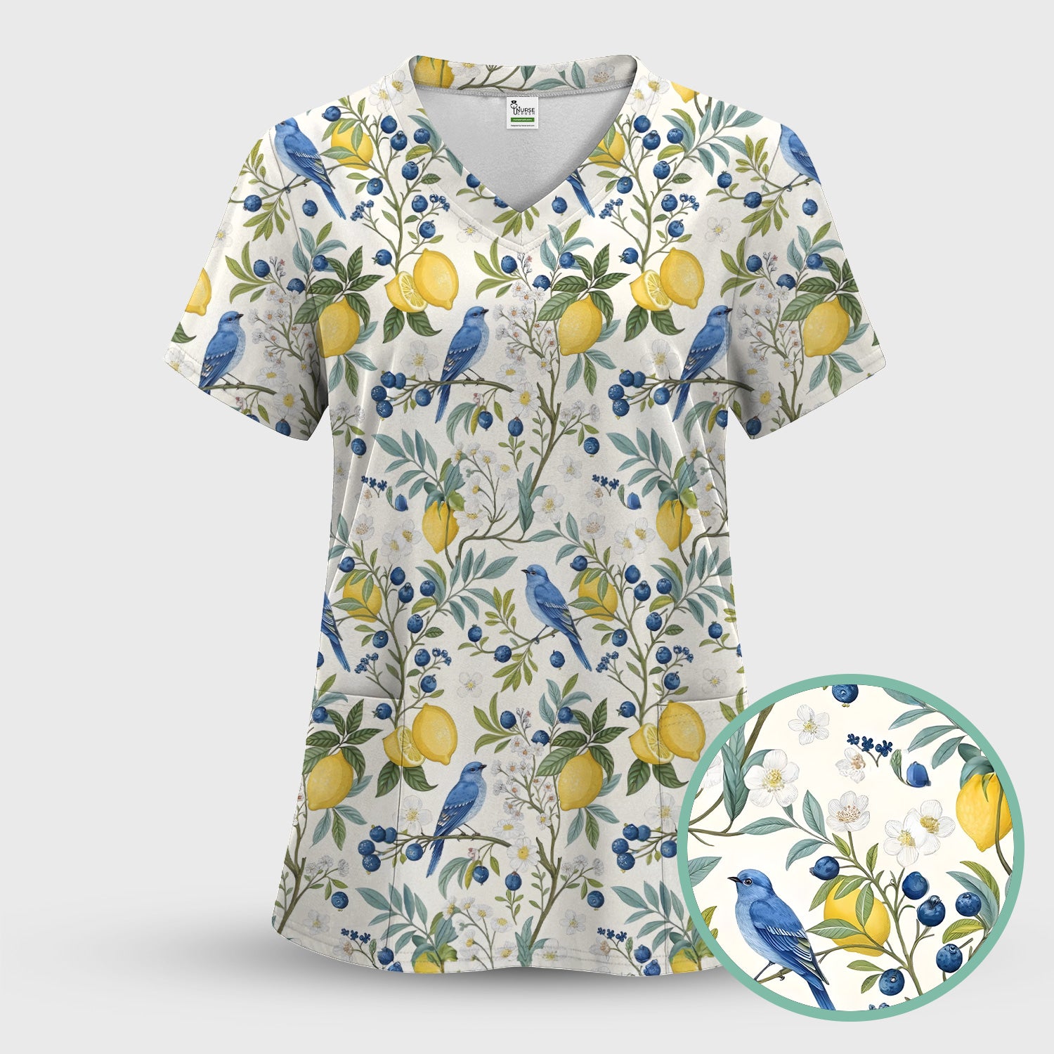 Cute Bluebird Lemon Berry Pattern Scrub Top, Comfortable Scrubs for Nurses