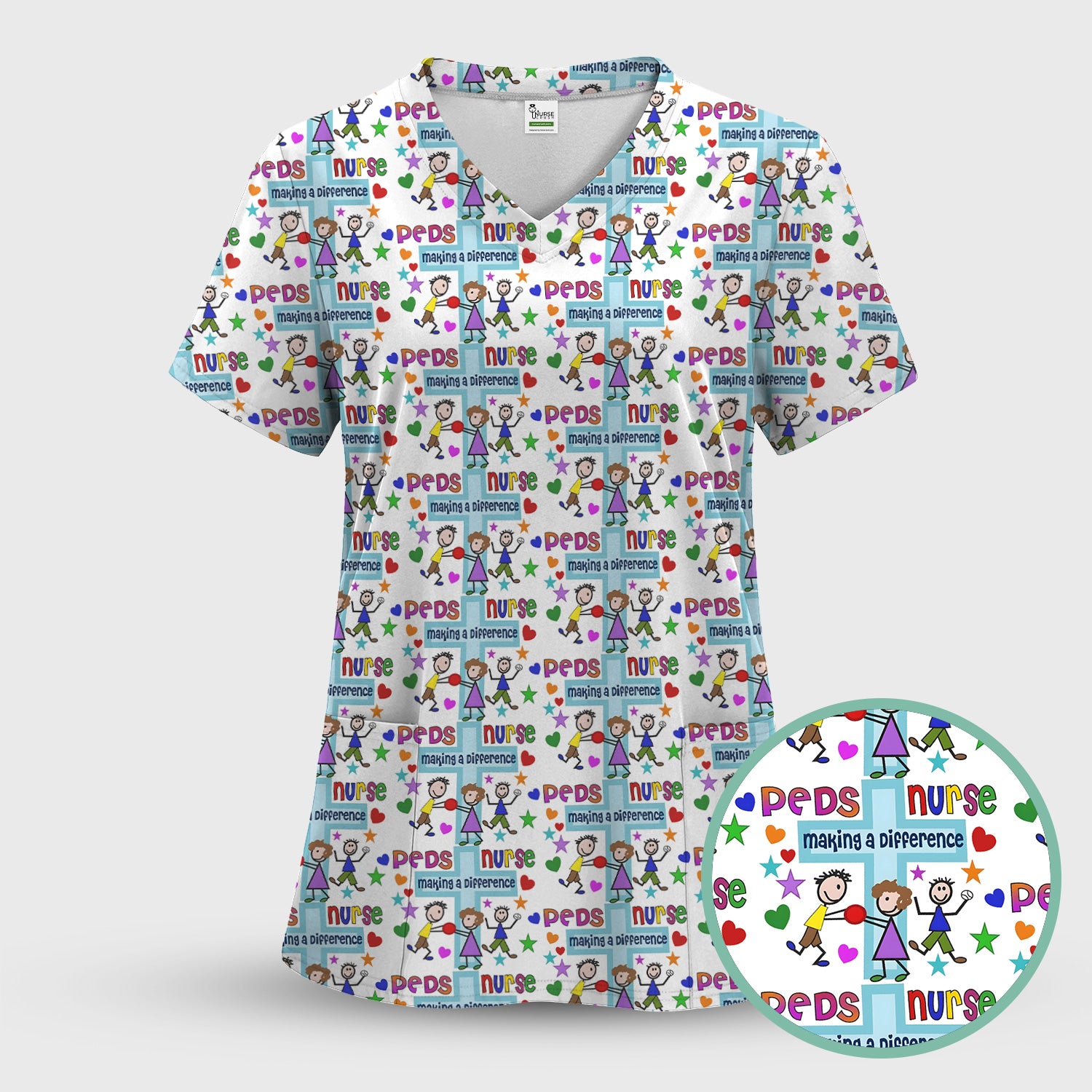 Peds Nurse Making A Difference Pattern Scrub Set, Scrub Pants and V Neck Top