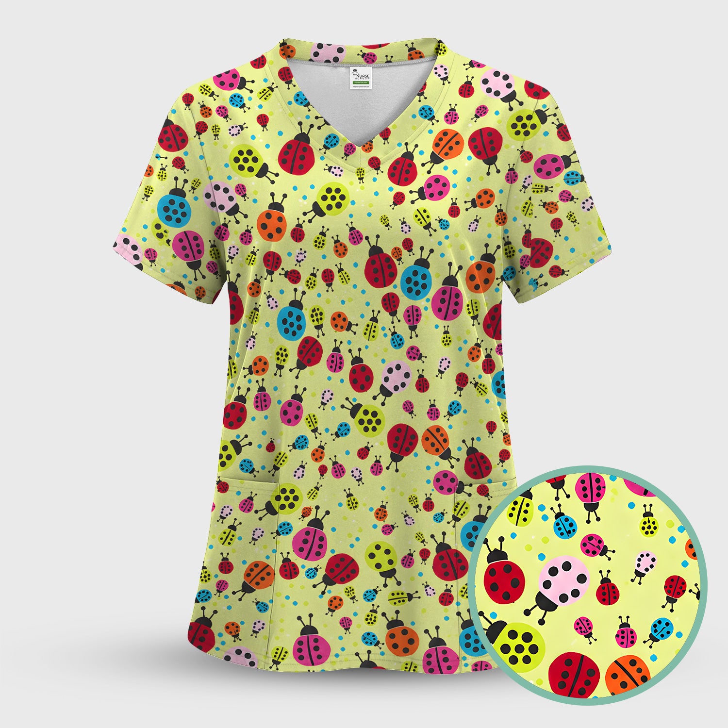 Colorful Ladybug Garden Pattern Scrub Top, Comfortable Scrubs for Nurses