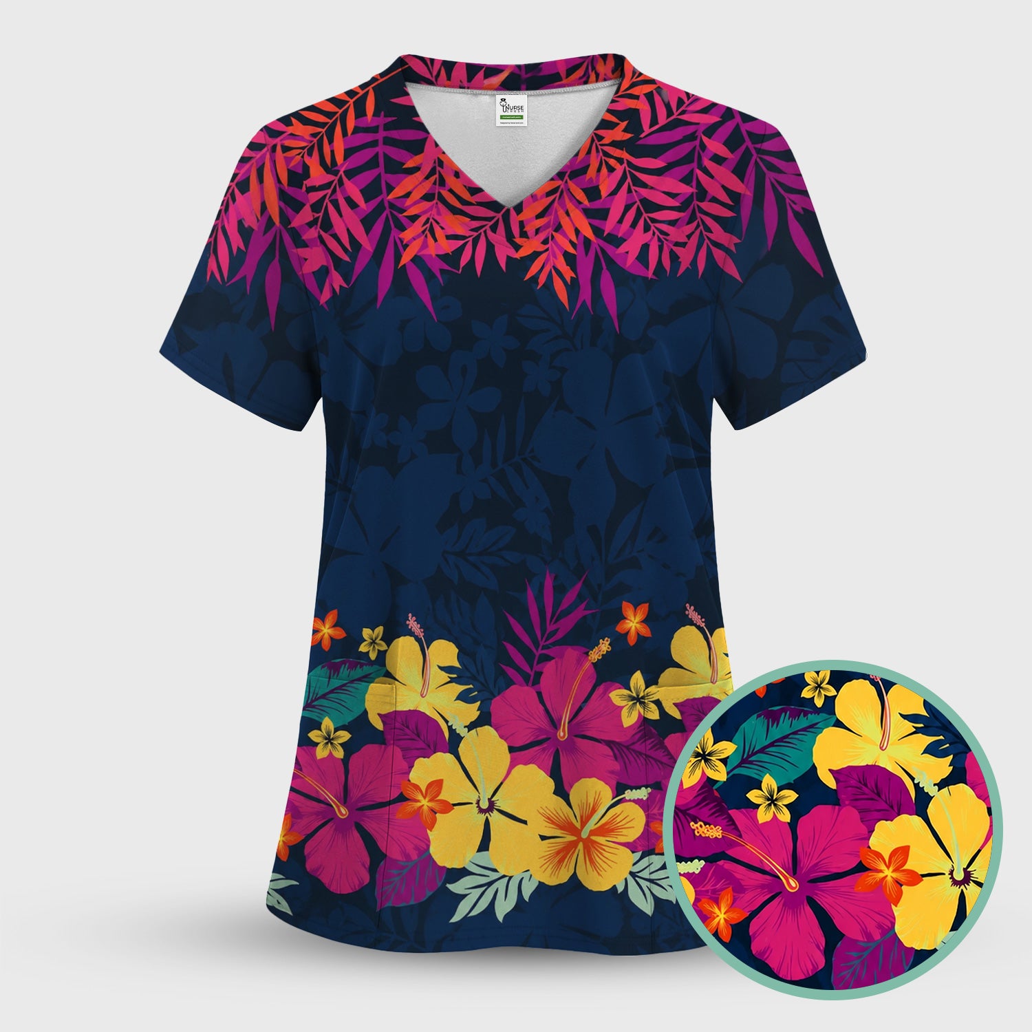 Tropical Hibiscus Palm Leaf Pattern Scrub Top, Comfortable Scrubs for Nurses