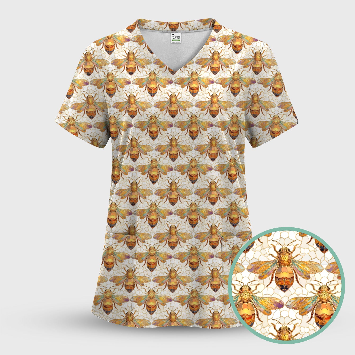 Golden Honey Bee Honeycomb Nurse Pattern Scrub Set, Scrub Pants and V Neck Top