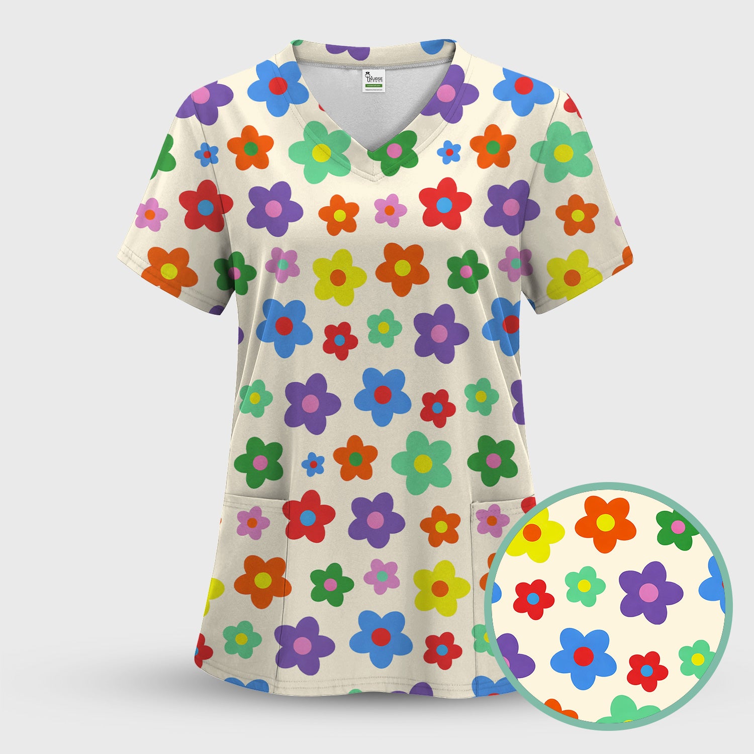 Colorful Retro Flower Pattern Print Scrub Top, Breathable Fabrics Nursing Uniform