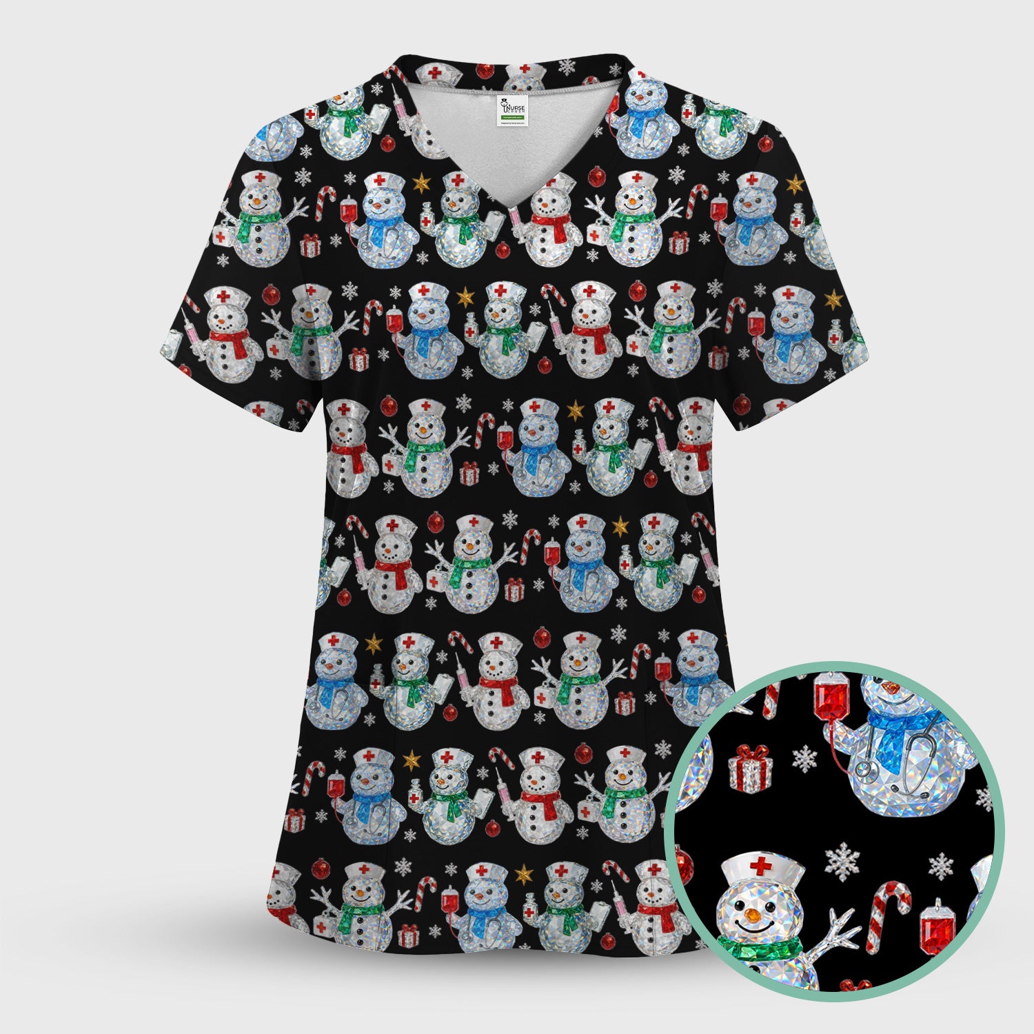 Nurse Snowman Christmas Scrub Top, Cute Holiday Medical Pattern Shirt For Women, Winter Snowflake Nursing Uniform