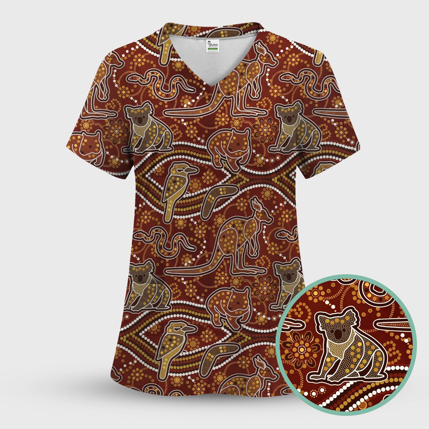 Australian Kangaroo Koala Aboriginal Art Pattern Scrub Sets, Scrub Pants and V Neck Top