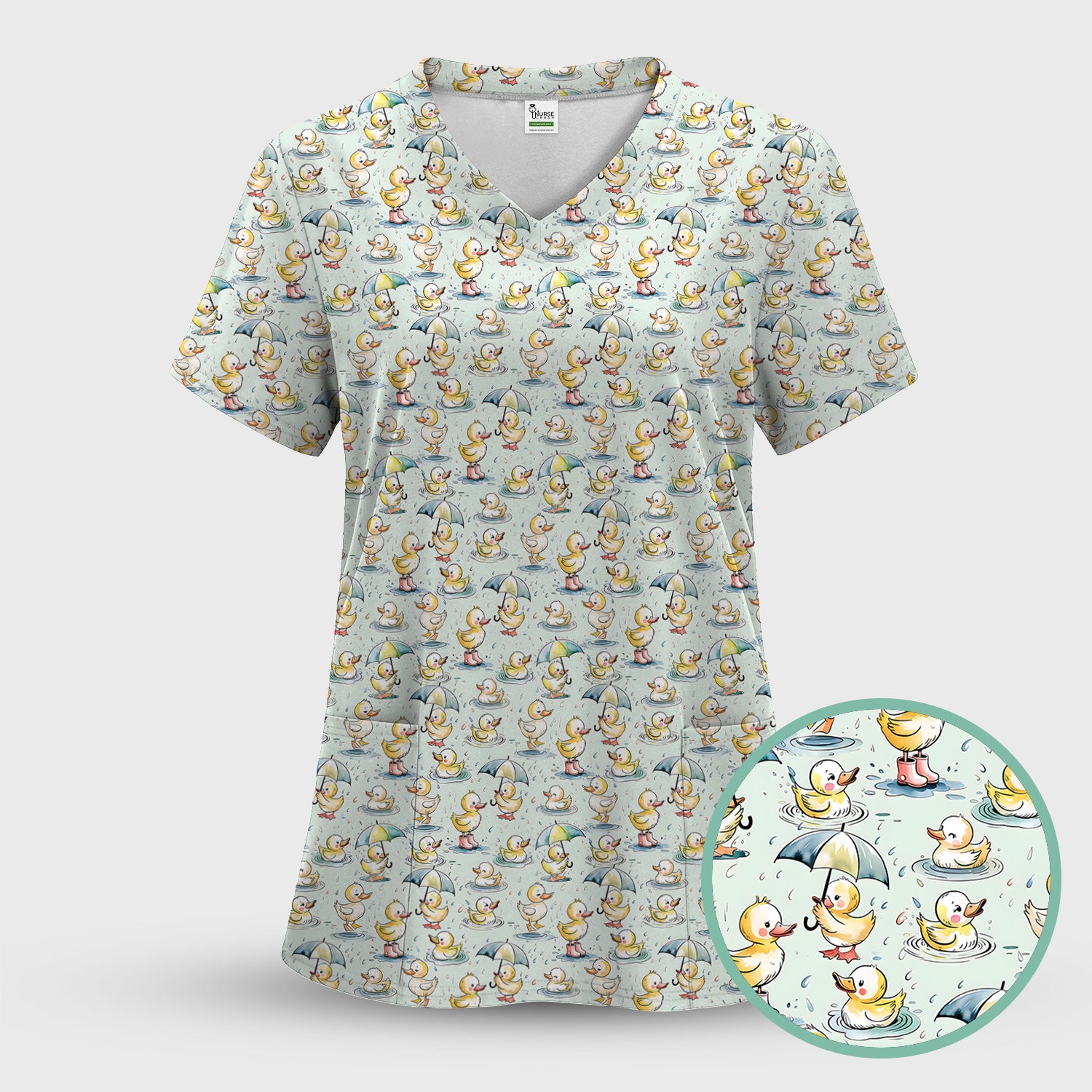 Playful Duck Rain Umbrella Print Nurse Scrub Top, Breathable Fabrics Nursing Uniform