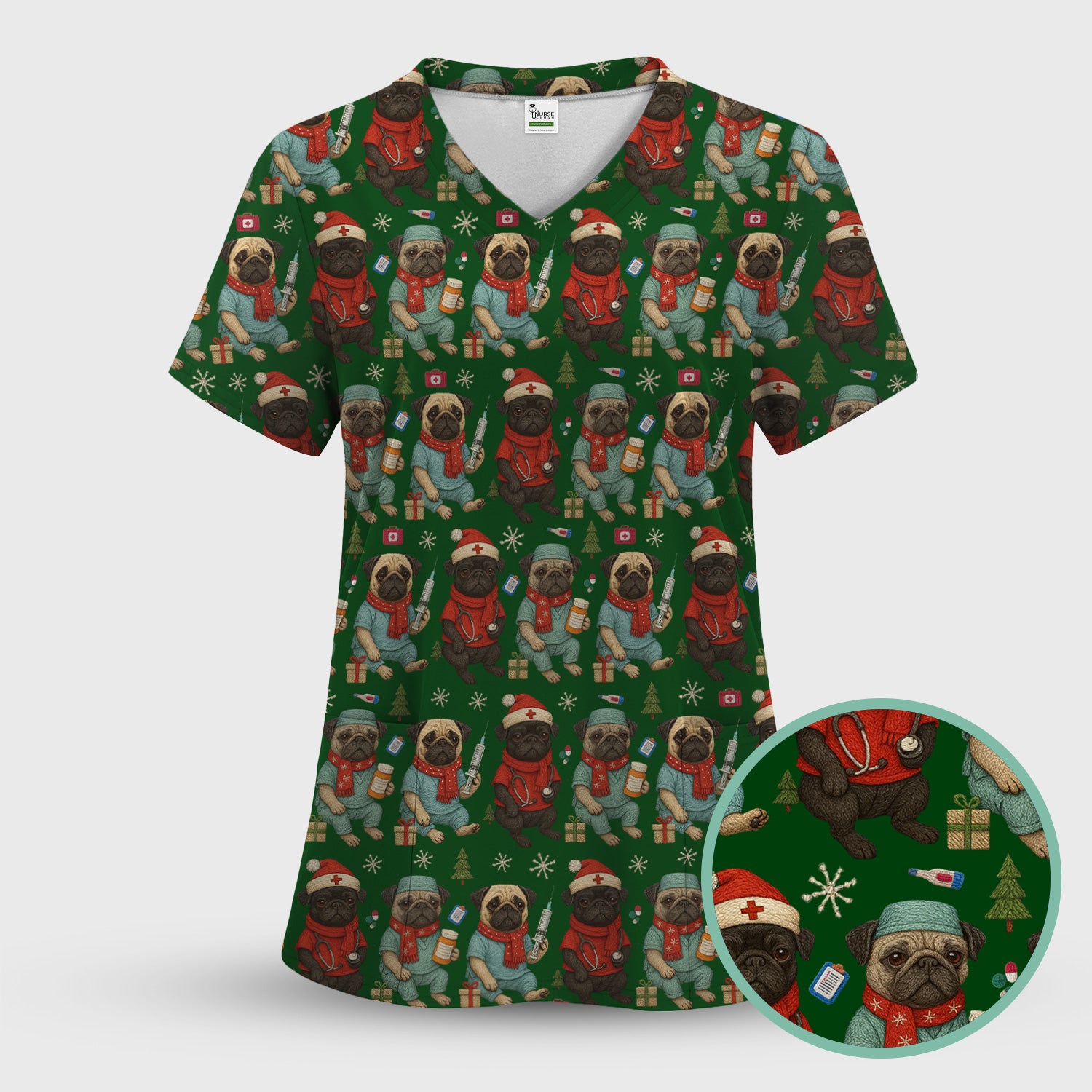Christmas Pug Nurse Scrub Top, Cute Holiday Dog Medical Uniform Shirt For Nursing
