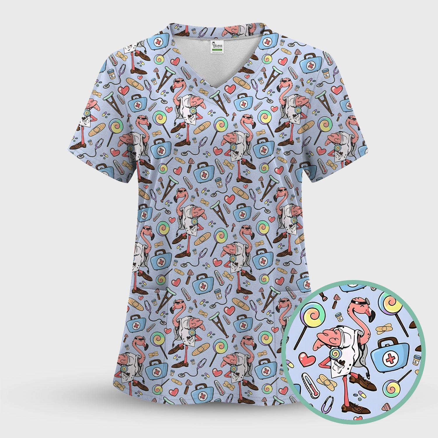 Flamingo Nurse Medical Care Pattern Scrub Set, Scrub Pants and V Neck Top