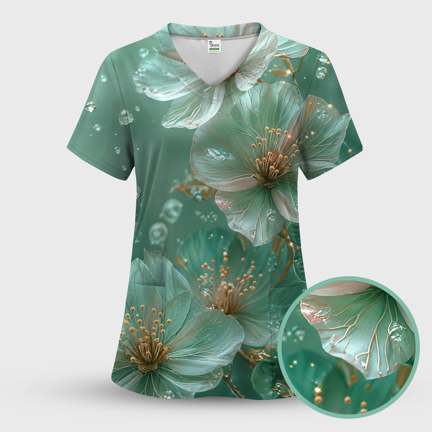 Elegant Mint Blossom Dewdrop Pattern Scrub Top, Comfortable Scrubs for Nurses