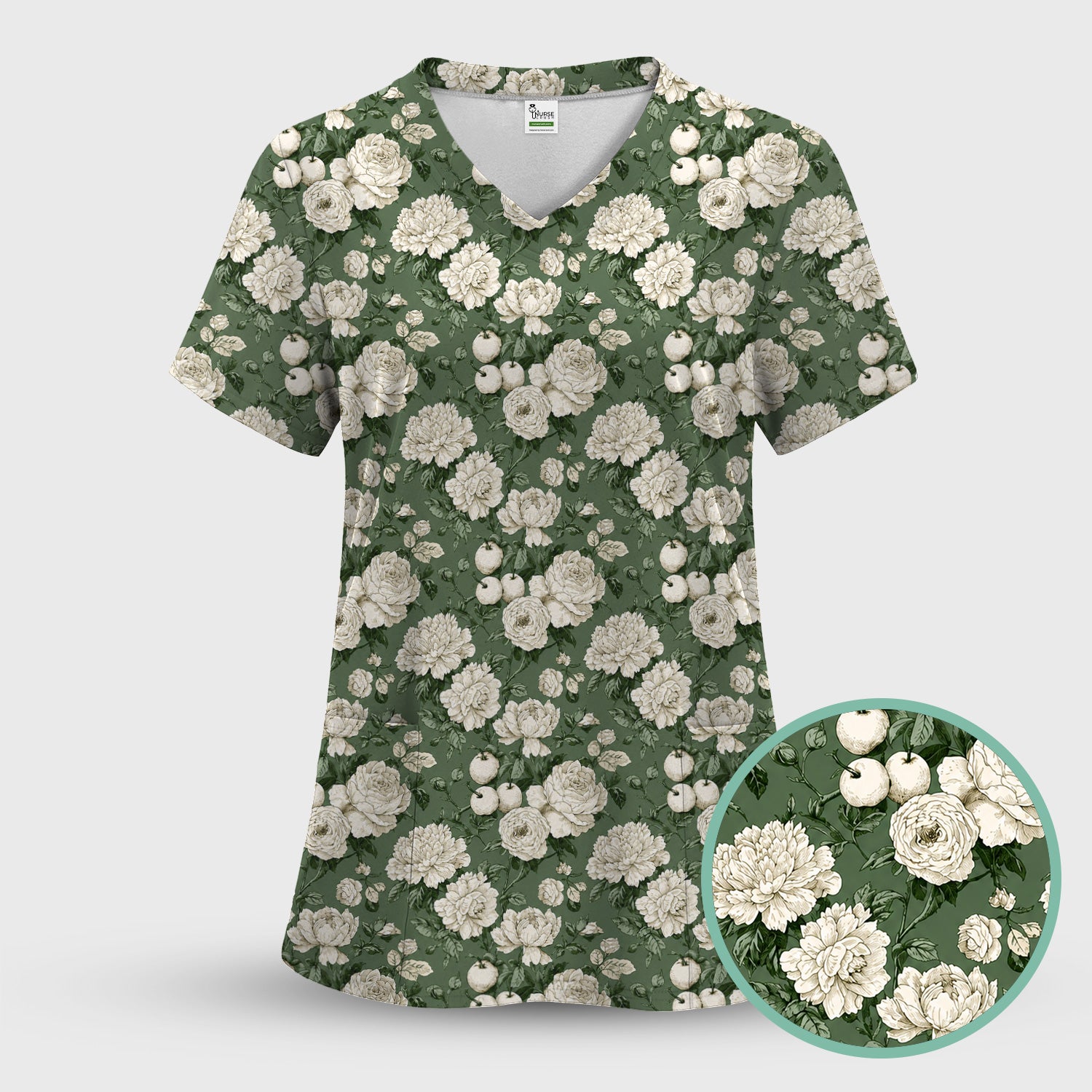 Elegant White Rose Garden Pattern Scrub Set, Scrub Pants and V Neck Top