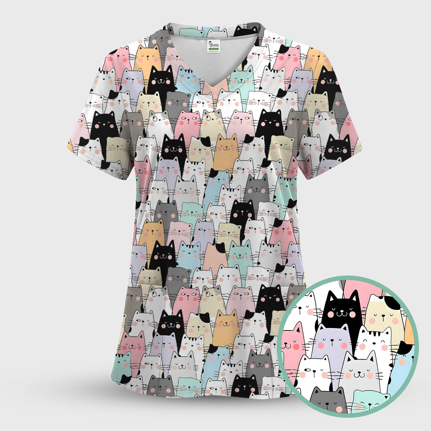 Playful Cartoon Cat Crowd Pattern Scrub Top, Comfortable Scrubs for Nurses