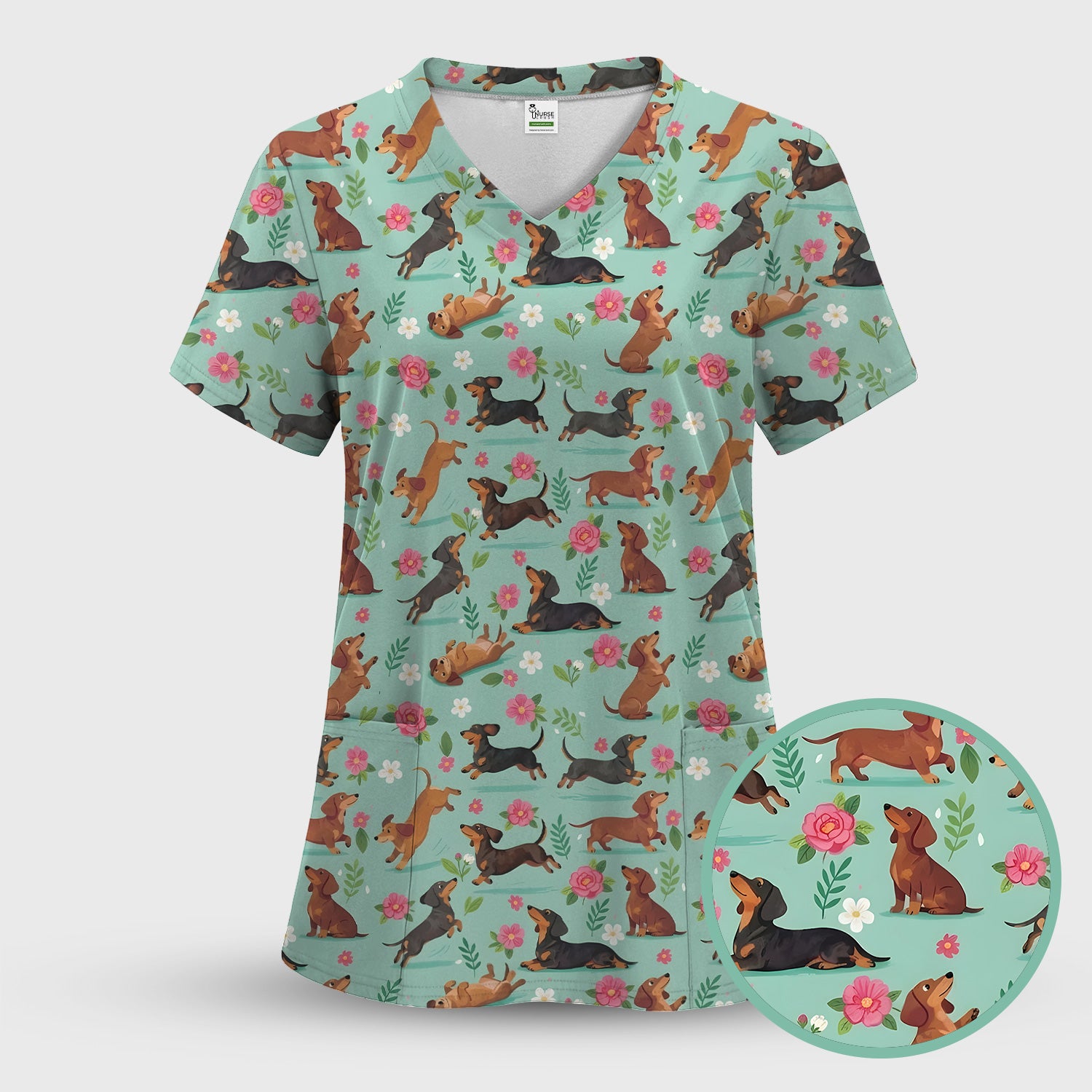 Cute Floral Dachshund Puppy Pattern Scrub Top, Comfortable Scrubs for Nurses