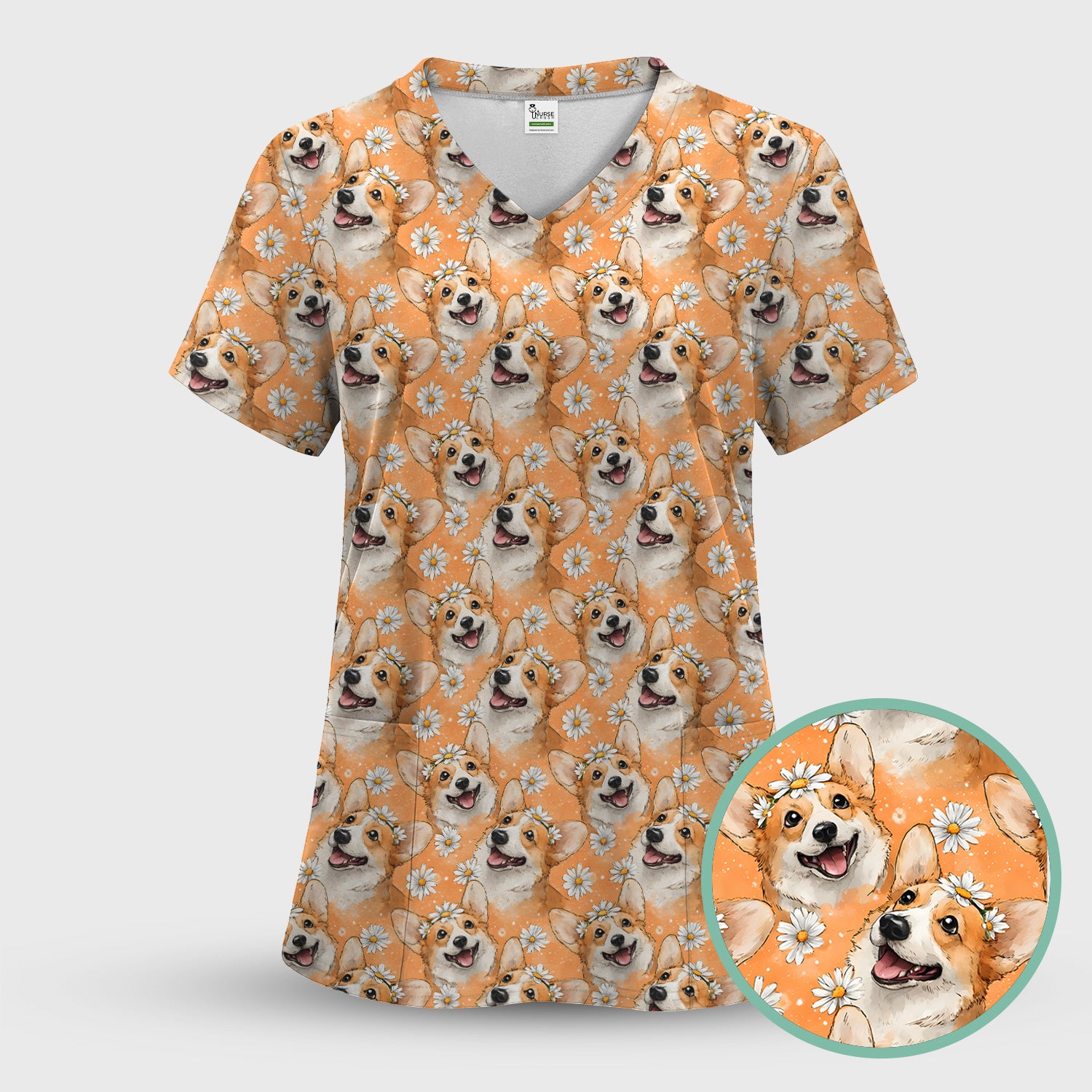 Happy Corgi Daisy Floral Pattern Orange Scrub Set,  Breathable Med Uniform
