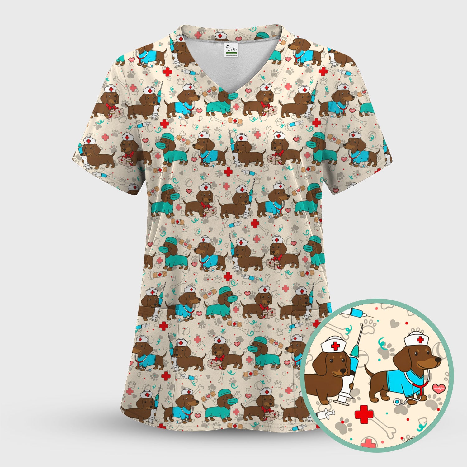 Cute Wiener Dog Dachshund Nurse Scrub Top, Funny Dachshund Dog Scrubs Shirt, Breathable Fabrics Nursing Uniform