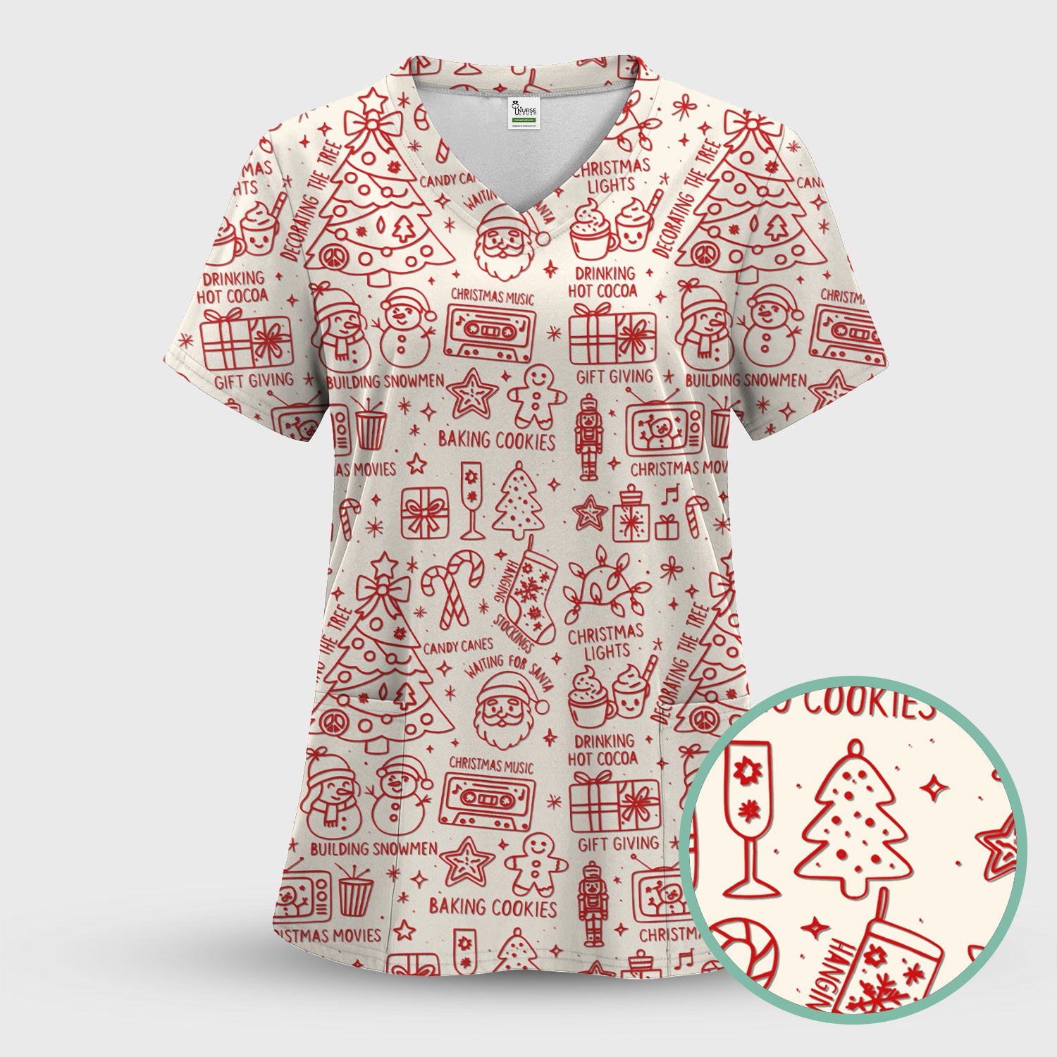 Christmas Pattern Scrub Top, Holiday Baking Cookies Nurse Shirt, Cute Medical Uniform Gift for RN, LPN, Healthcare Worker
