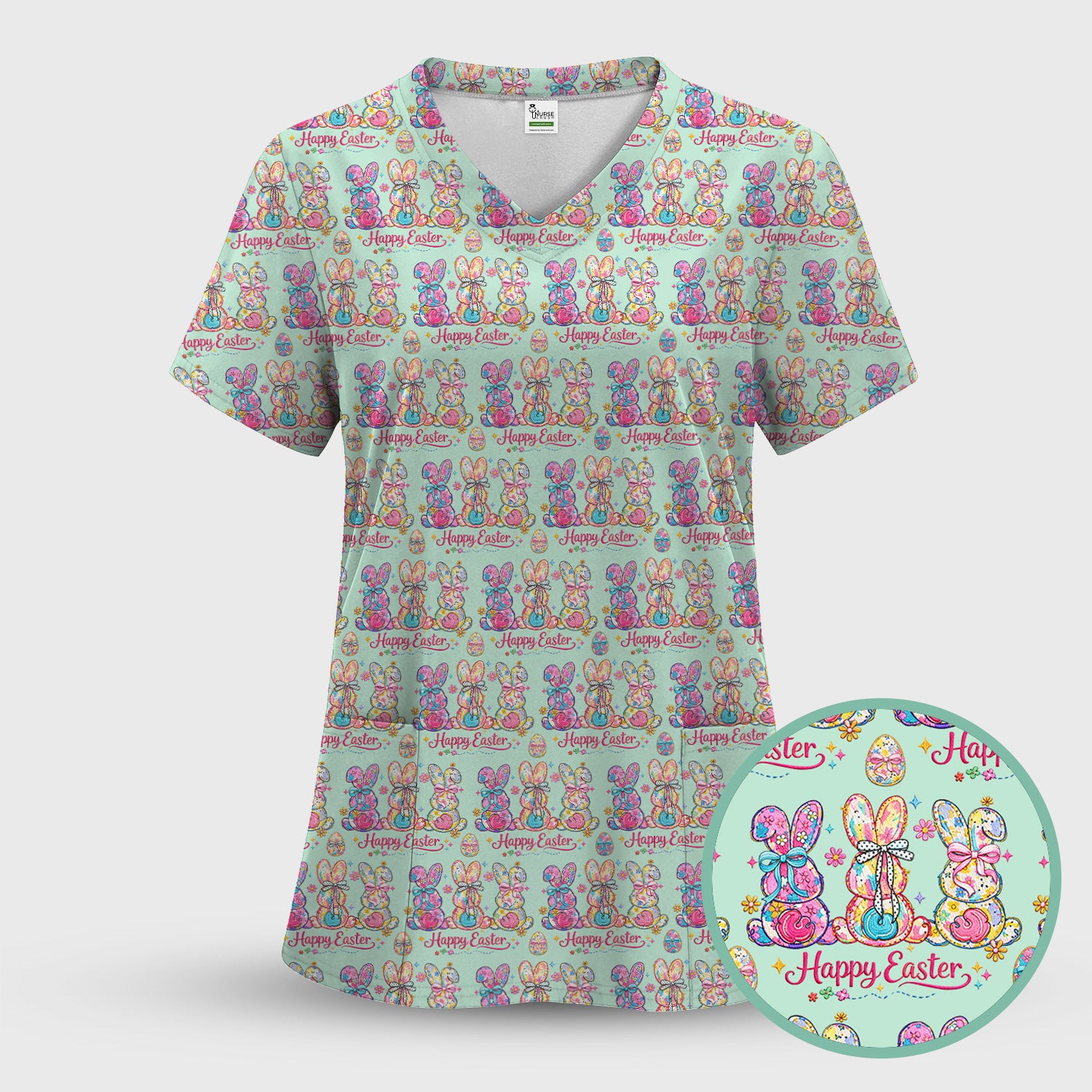 Pink Happy Easter Bunny Pattern Scrub Set, Scrub Pants and V Neck Top
