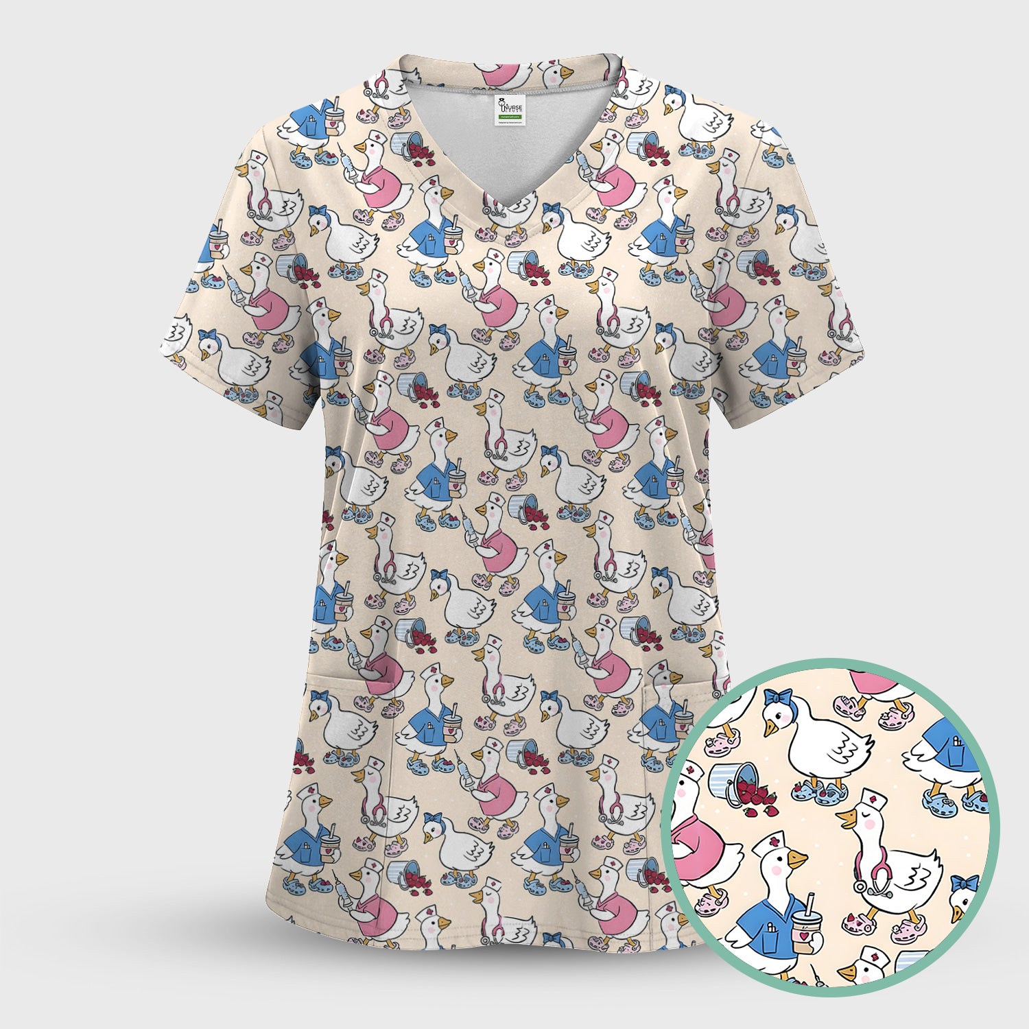 Cute Nurse Goose Cartoon Pattern Scrub Top, Comfortable Scrubs for Nurses