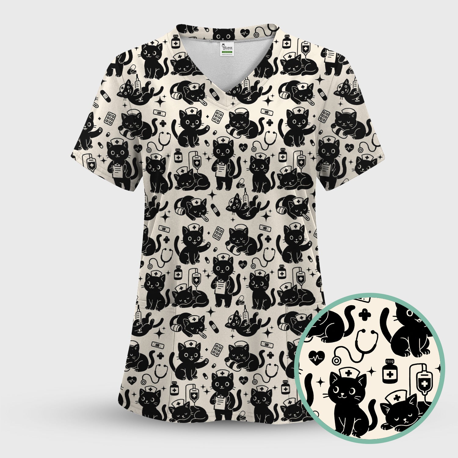 Cute Black Cat Nurse Pattern Scrub Top, Breathable Fabrics Nursing Uniform
