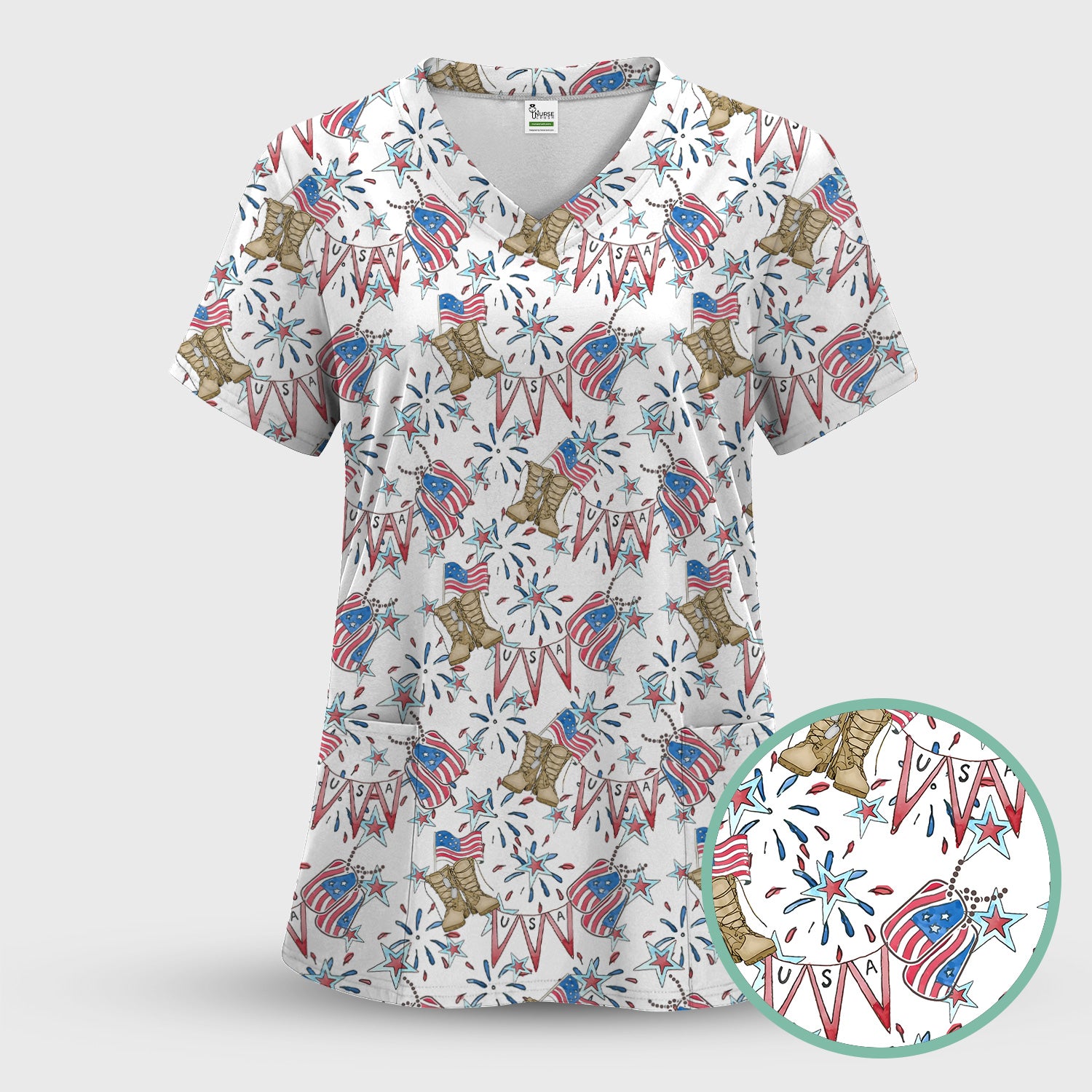 USA Boots Banner Pattern Scrub Top, Comfortable Scrubs for Nurses