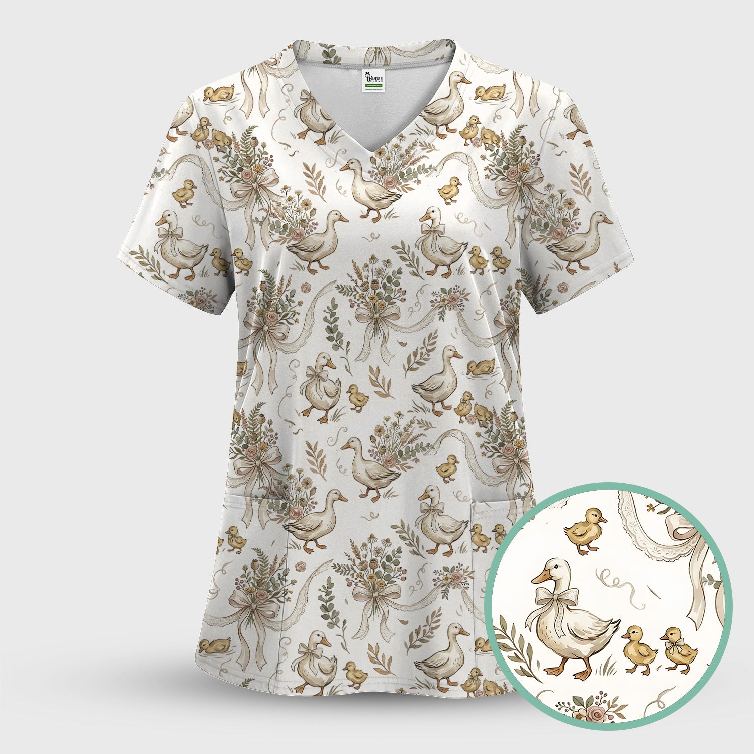 Vintage Duck Family Ribbon Floral Pattern Nurse Scrub Set, Scrub Pants and V Neck Top