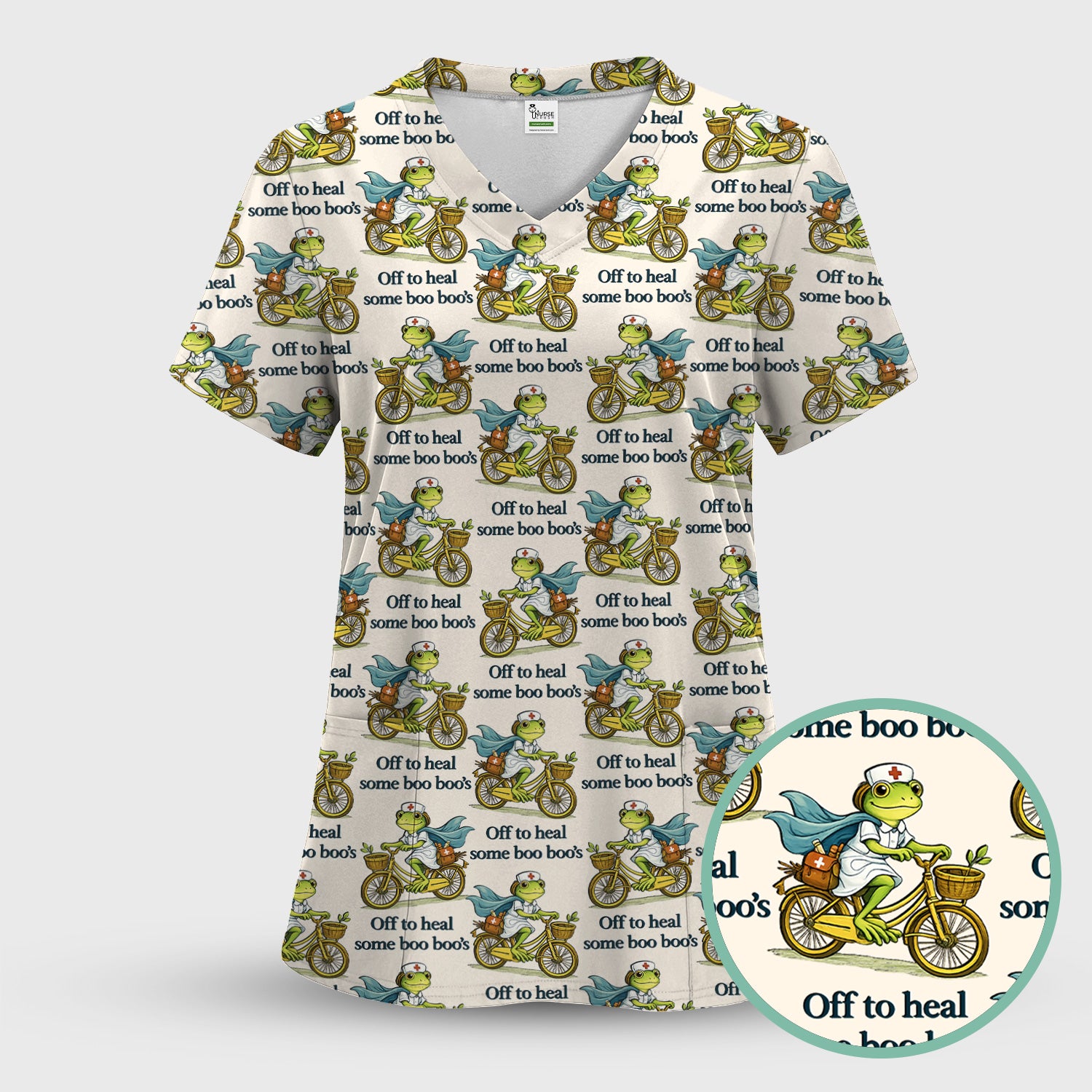 Funny Frog Nurse Cycling Pattern Scrub Top, Comfortable Scrubs for Nurses
