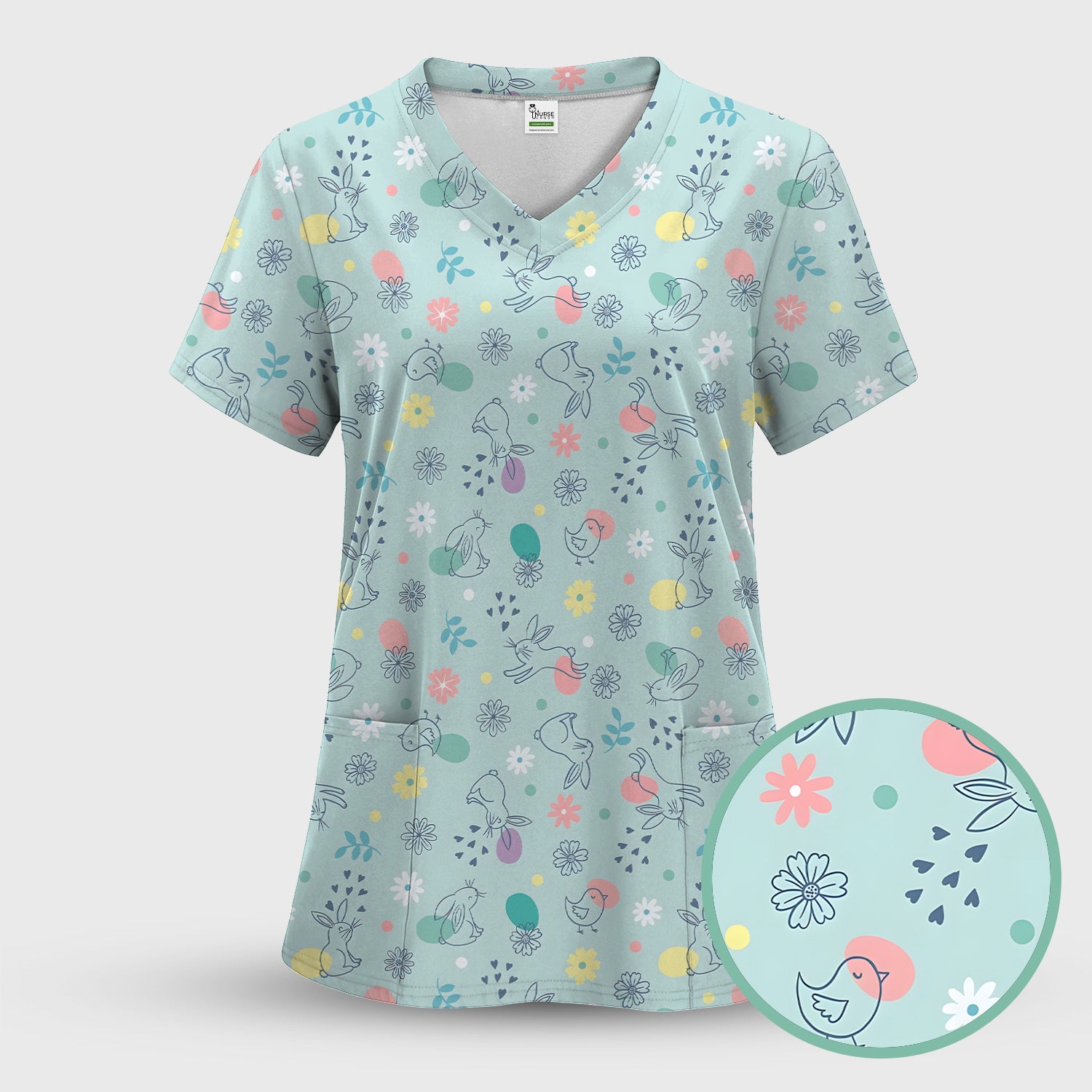 Whimsical Easter Bunny Eggs Pattern Scrub Top, Comfortable Scrubs for Nurses