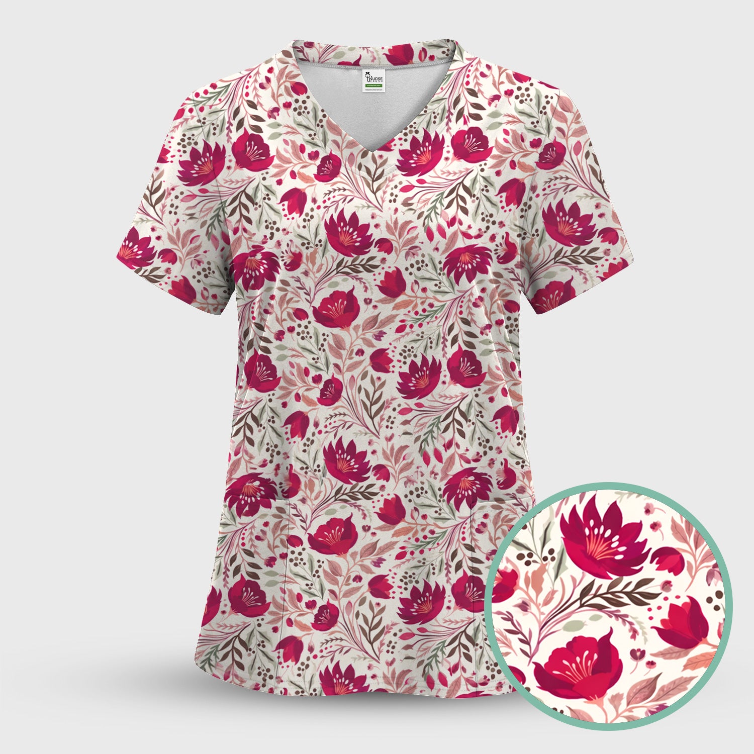 Elegant Floral Botanical Pattern Scrub Set, Women's Scrub Sets
