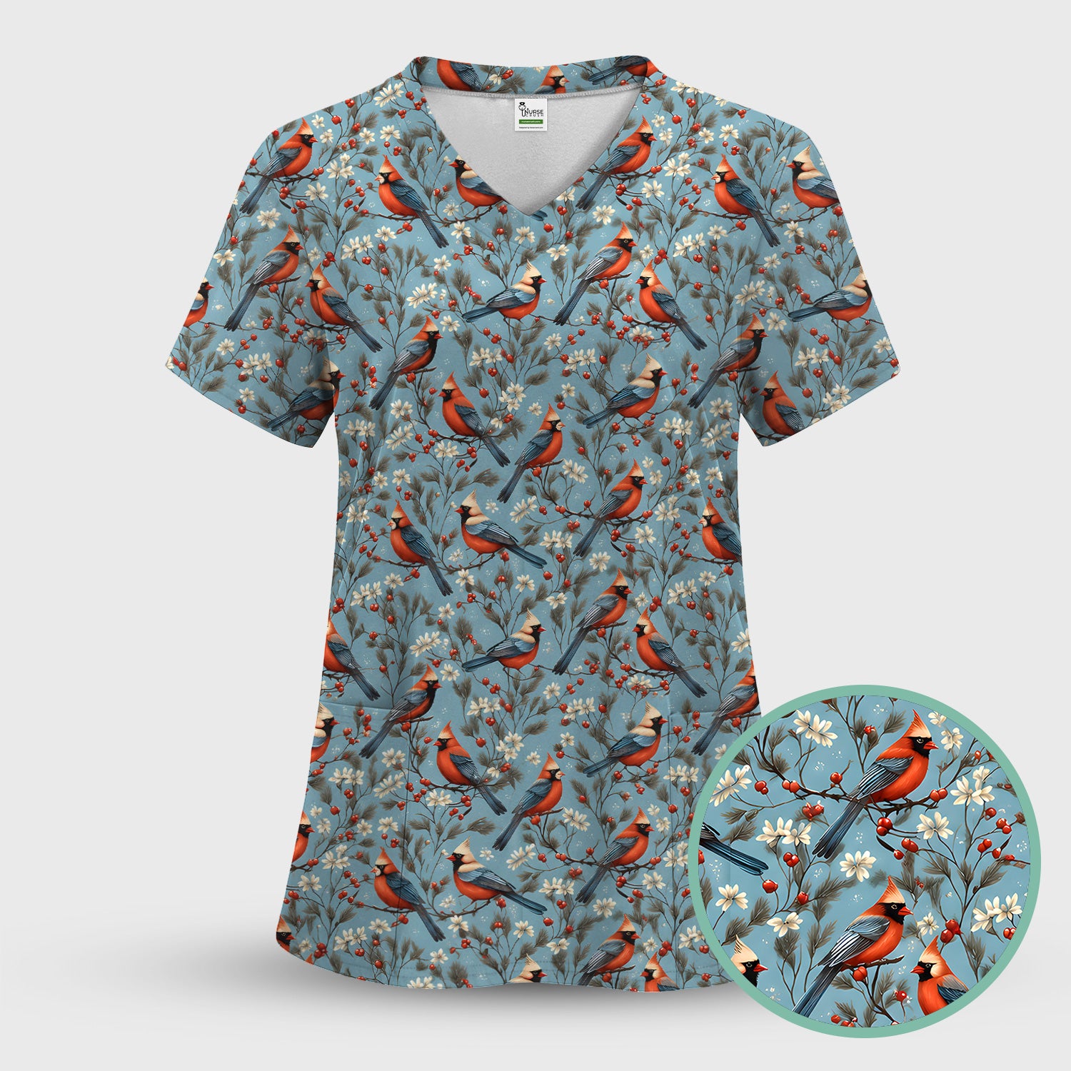 Cute Cardinal Berry Blossom Pattern Scrub Top, Comfortable Scrubs for Nurses