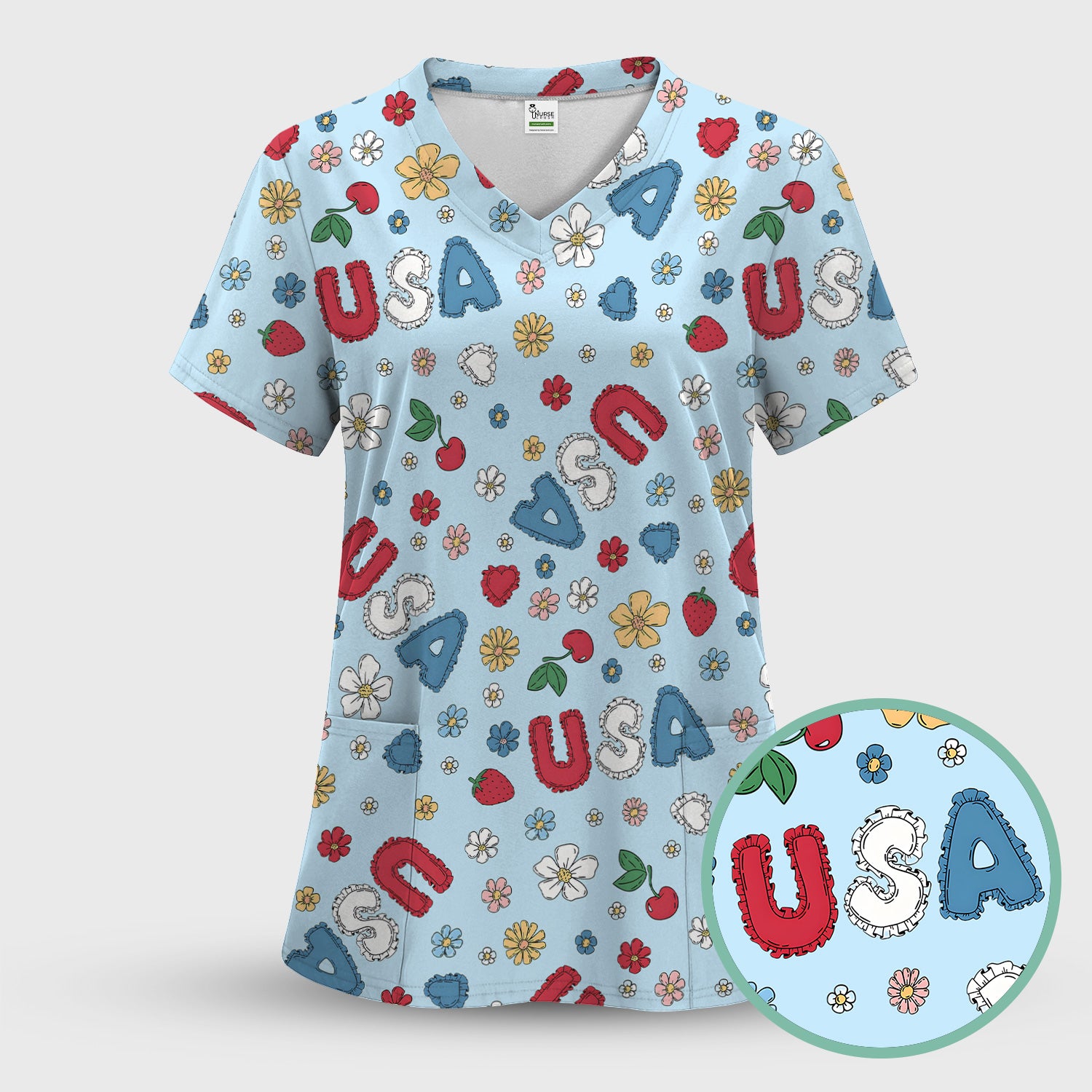 USA Cherry Strawberry Floral Patch Pattern Scrub Set, Scrub Pants and V Neck Top