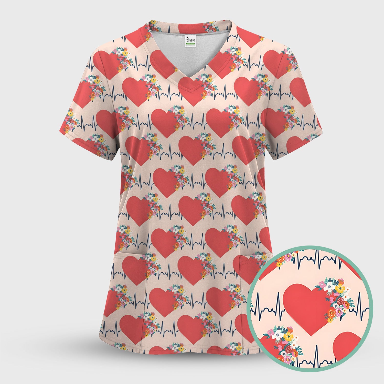 Nurse Heartbeat Floral Pattern Scrub Top, Comfortable Scrubs for Nurses