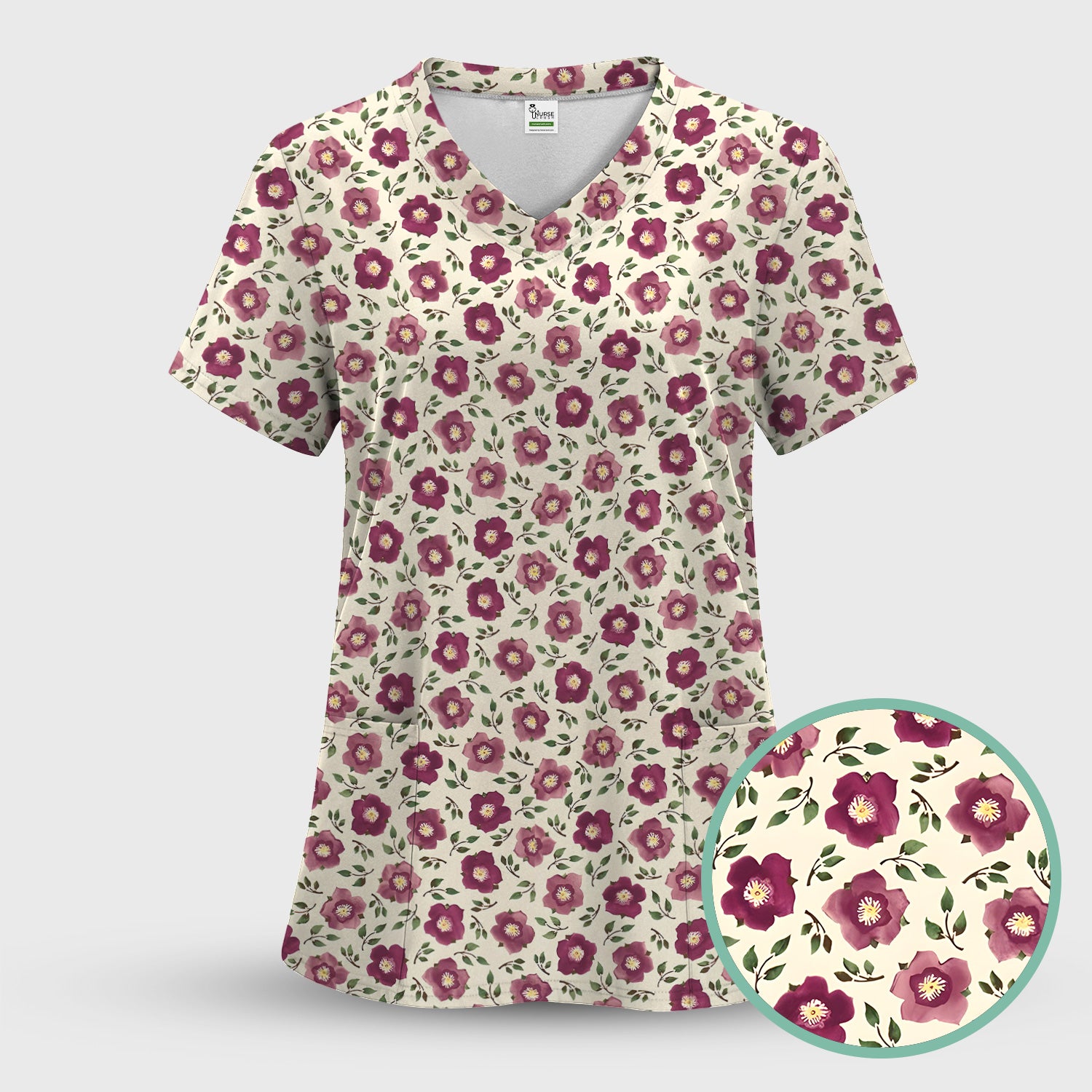 Purple Floral Blossom Leaf Pattern Scrub Top, Comfortable Scrubs for Nurses