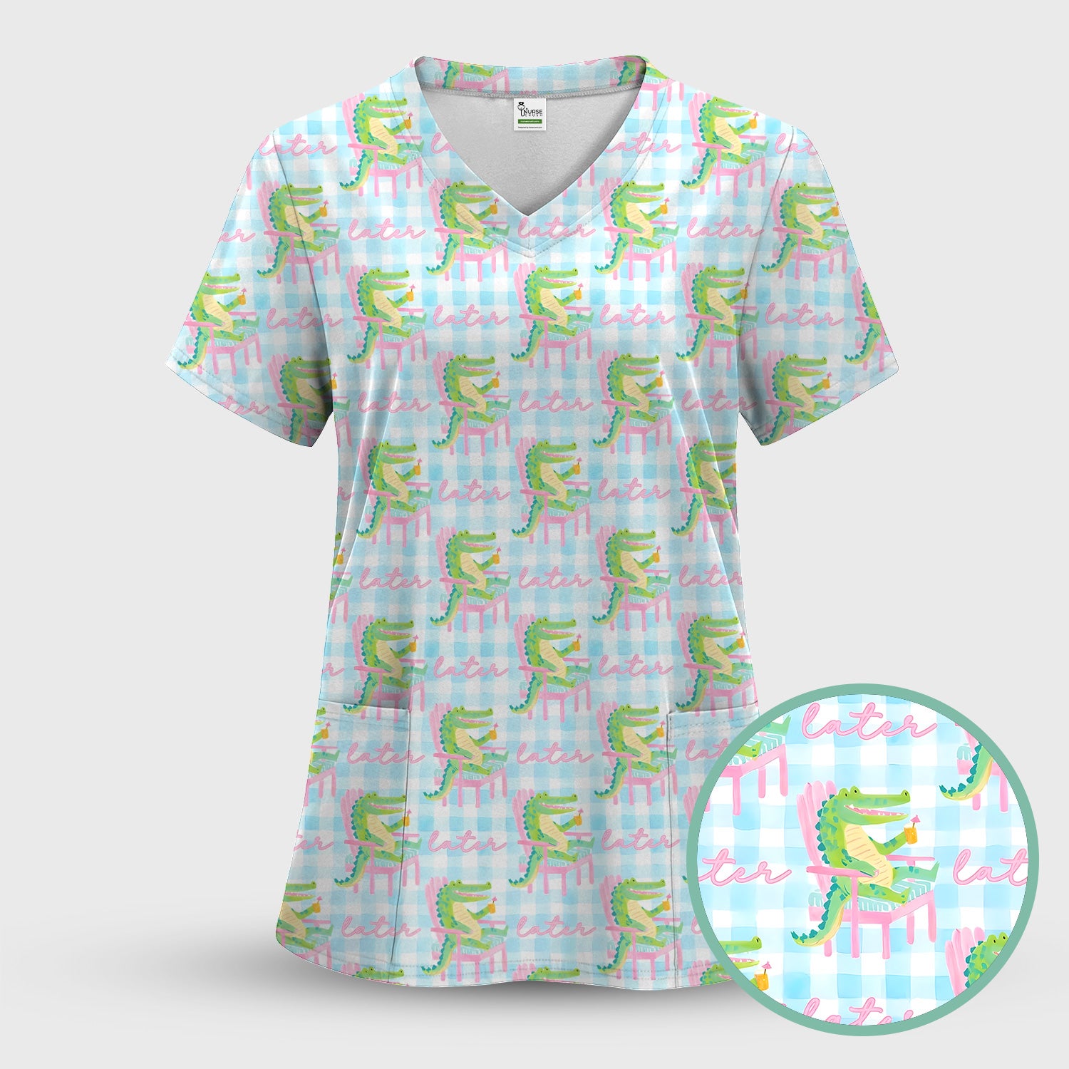 Funny Lazy Crocodile Later Pattern Scrub Set, Scrub Pants and V Neck Top